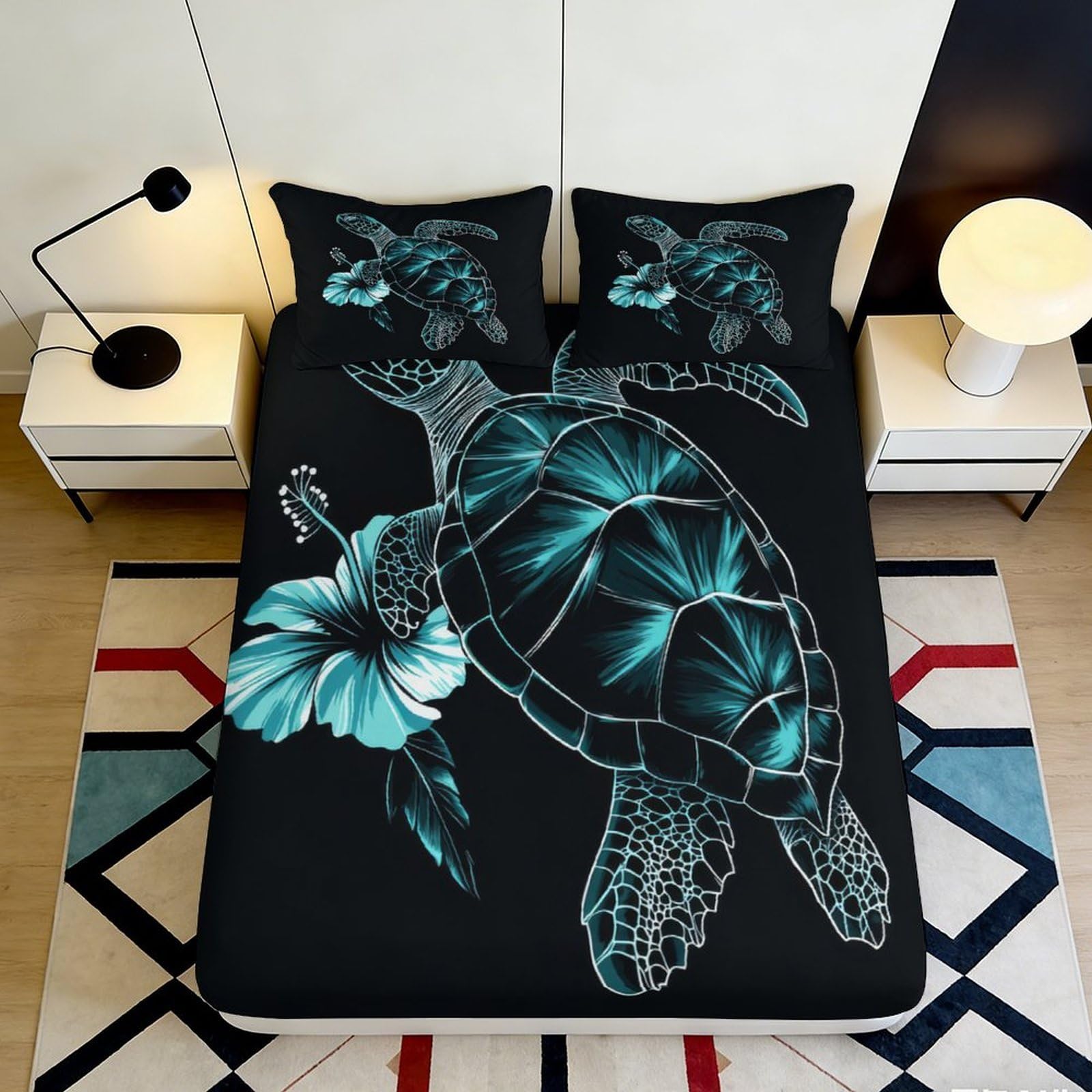3D Printed Sea Turtle Fitted Sheet Microfiber Soft Decorative Hibiscus Bed Cover for Bedroom Guest Room Mattress Protection 90x200x25cm