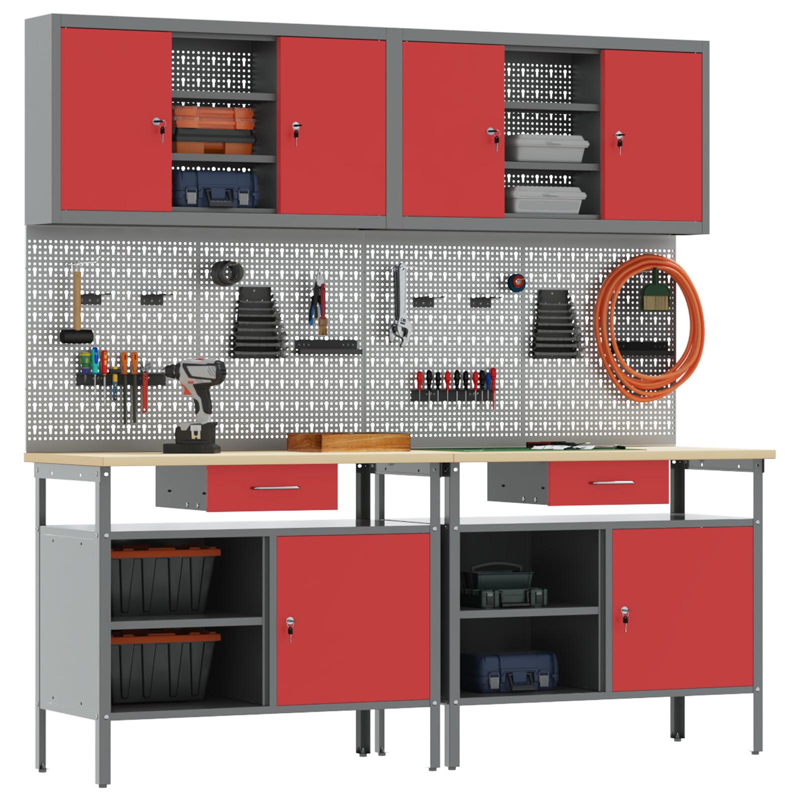 vidaXL Workshop/Garage Tool Storage Panel Set - Customizable Grey & Red Steel Wall Storage System with Hooks & Shelves