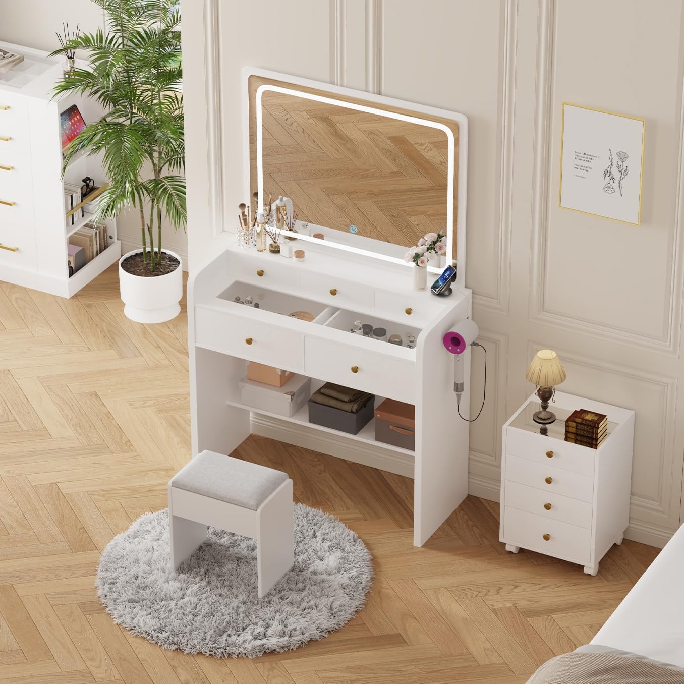 Makeup Vanity Desk Set with LED Lighted Mirror Glass Top Dressing Table & Stool, 5 Storage Drawers, Power Outlet, Hair Rack Stepless Dimmable Lights (3 Color Modes), White
