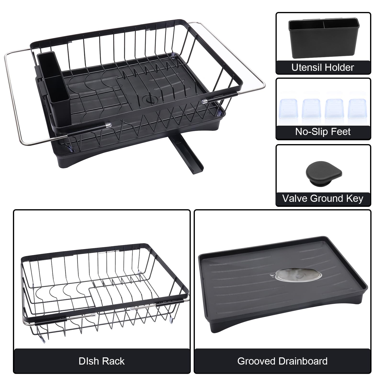 cutesun Escurridor de platos que ahorra espacio, para encimera de cocina y fregadero, estante de secado inoxidable con soporte grande para utensilios y pies aumentados, 15 pulgadas de profundidad x 11