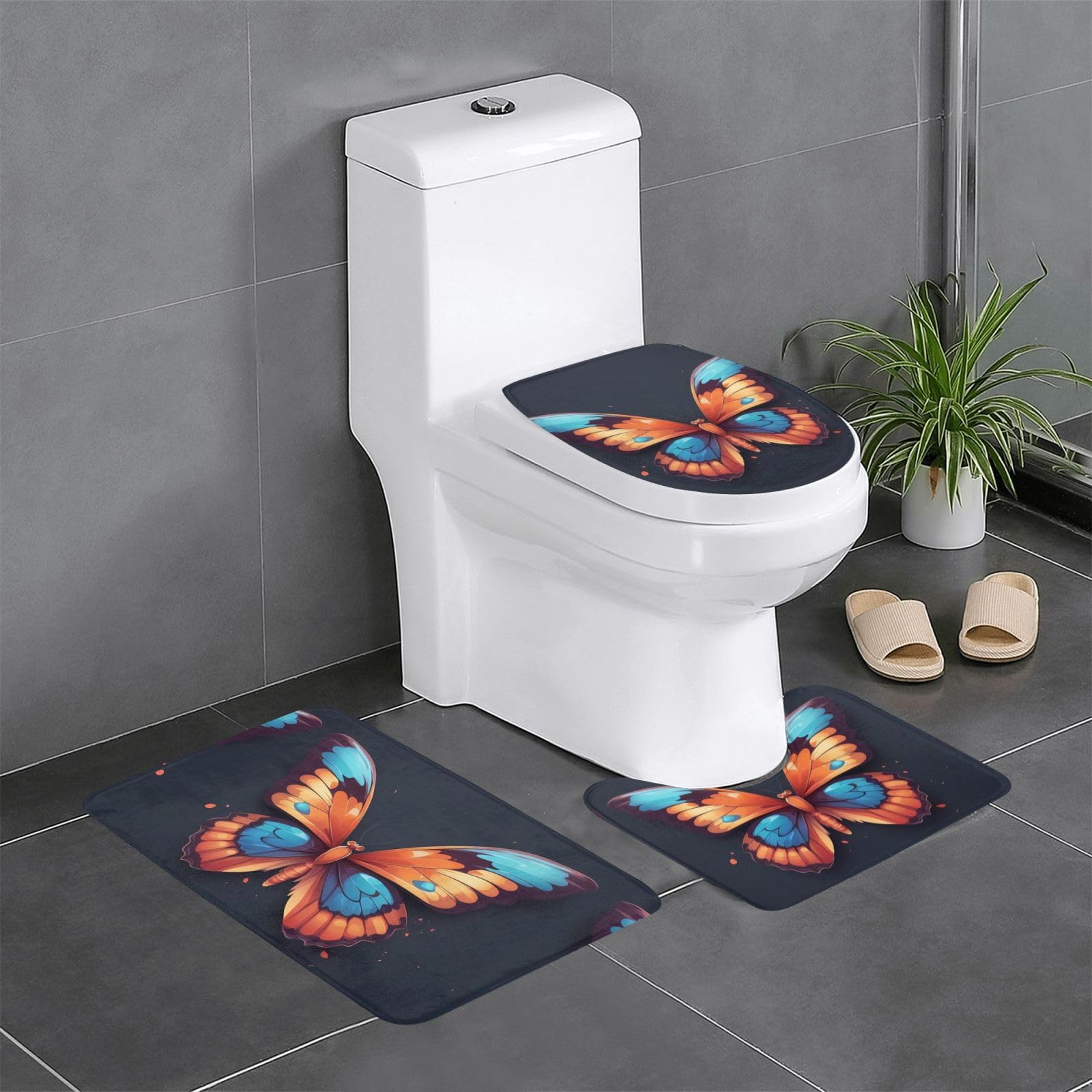 Tapis de salle de bain antidérapants lot de 3 avec motif papillon pour contour WC et coiffeuse