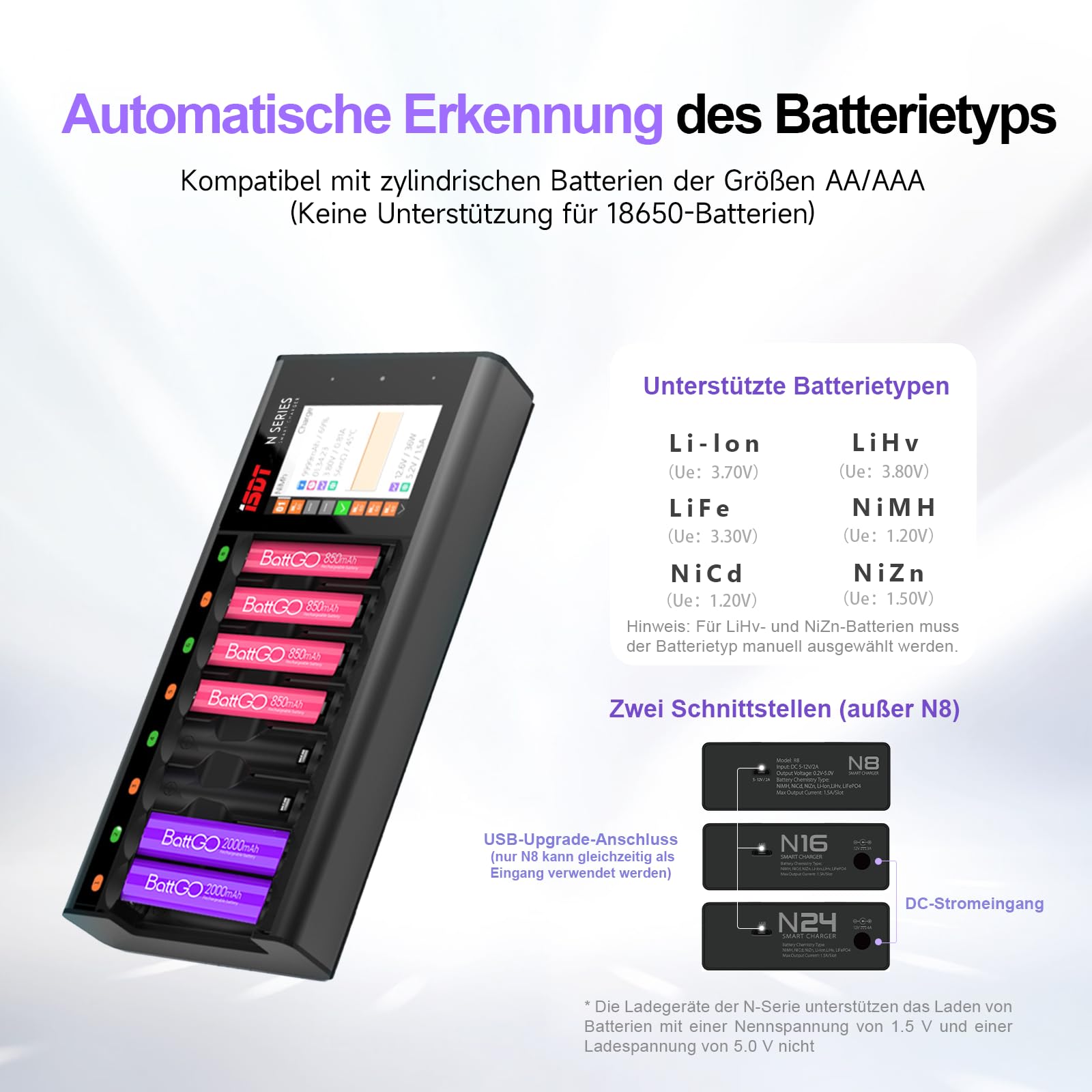 ISDT Caricabatterie N8 AA/AAA a 8 scomparti con display a colori da 2,4" | Carica, scarica, analisi e riattivazione; fino a 1,5 A per alloggiamento; per NiMH, NiCd, NiZn, Li-Ion, LiHV e LiFePO