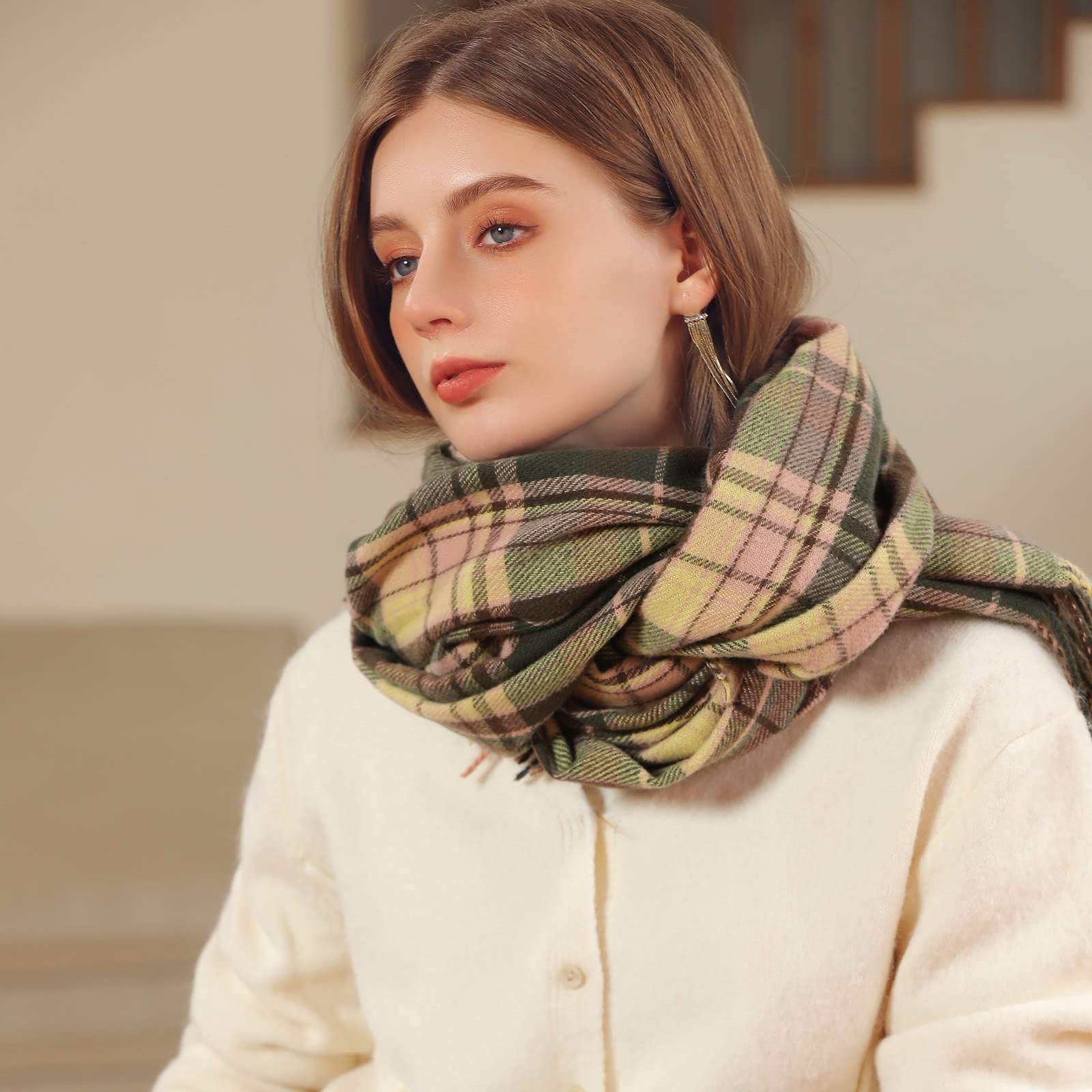 Bufanda de Cachemira Mujer Diseñador Cálido Pashmina Grande Cachemira Estola de Invierno Foulard Suave Mantón de Lana Ligera Elegante Bufanda a Cuadros (D TO)