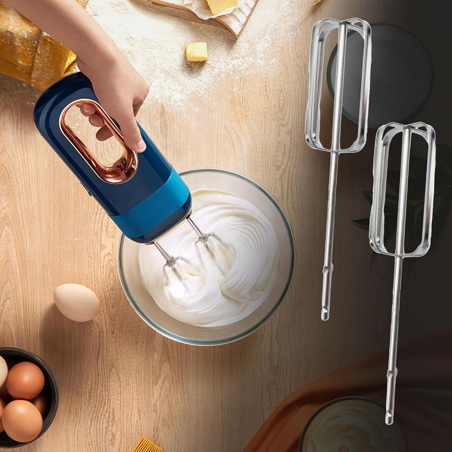 2Pcs Eggs Beater Multifunctional Rotary Mixer Kitchen Whisk Bake Tool Agitator Stainless Steel Easy to Use Mousse and Meringue Maker