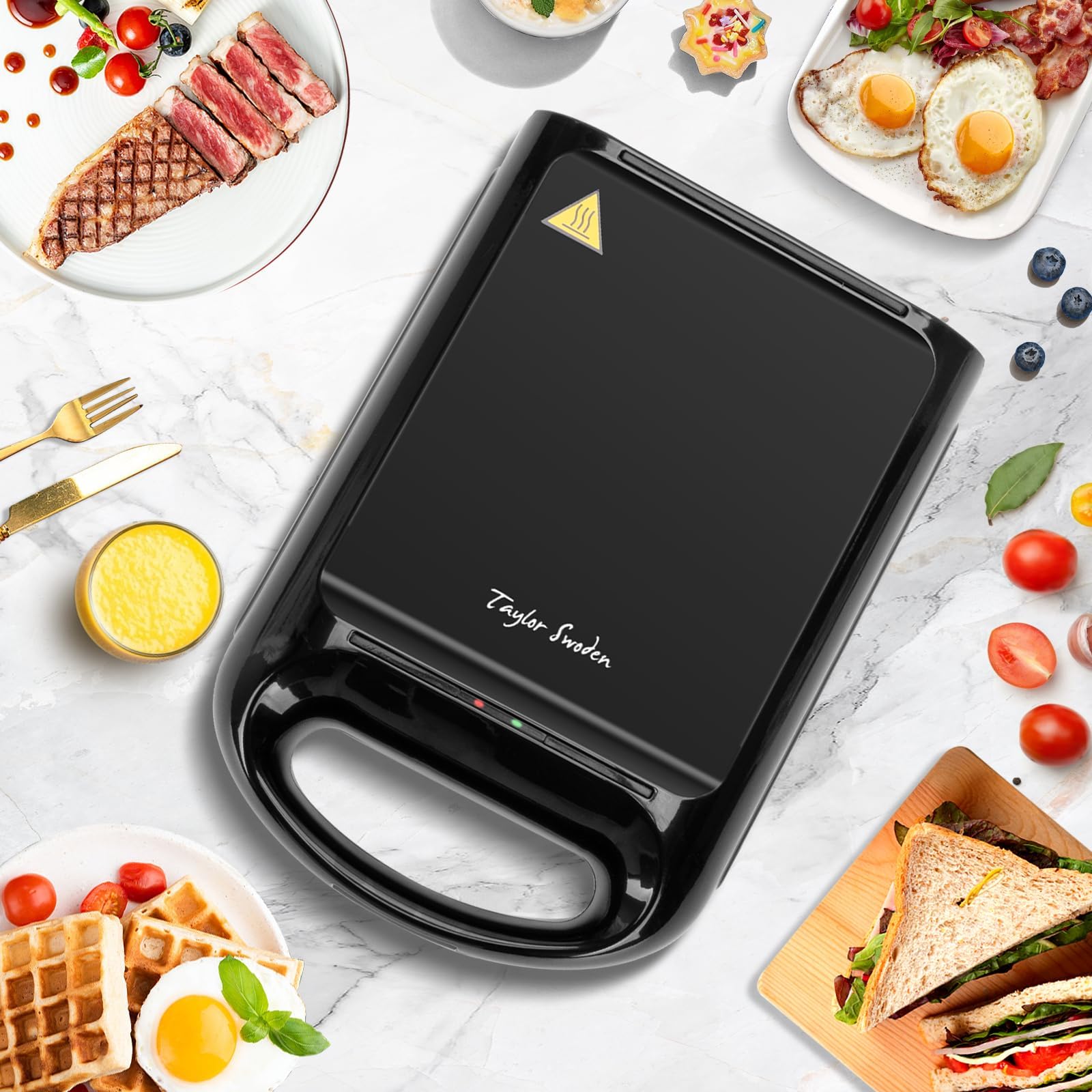 Taylor Swoden Bruno - 3 en 1 : appareil à sandwich, gaufrier, gril. 1200W, 0% BPA. Peut contenir 4 sandwichs, plaques antiadhésives, retournement à 180° pour une cuisson rapide et uniforme.