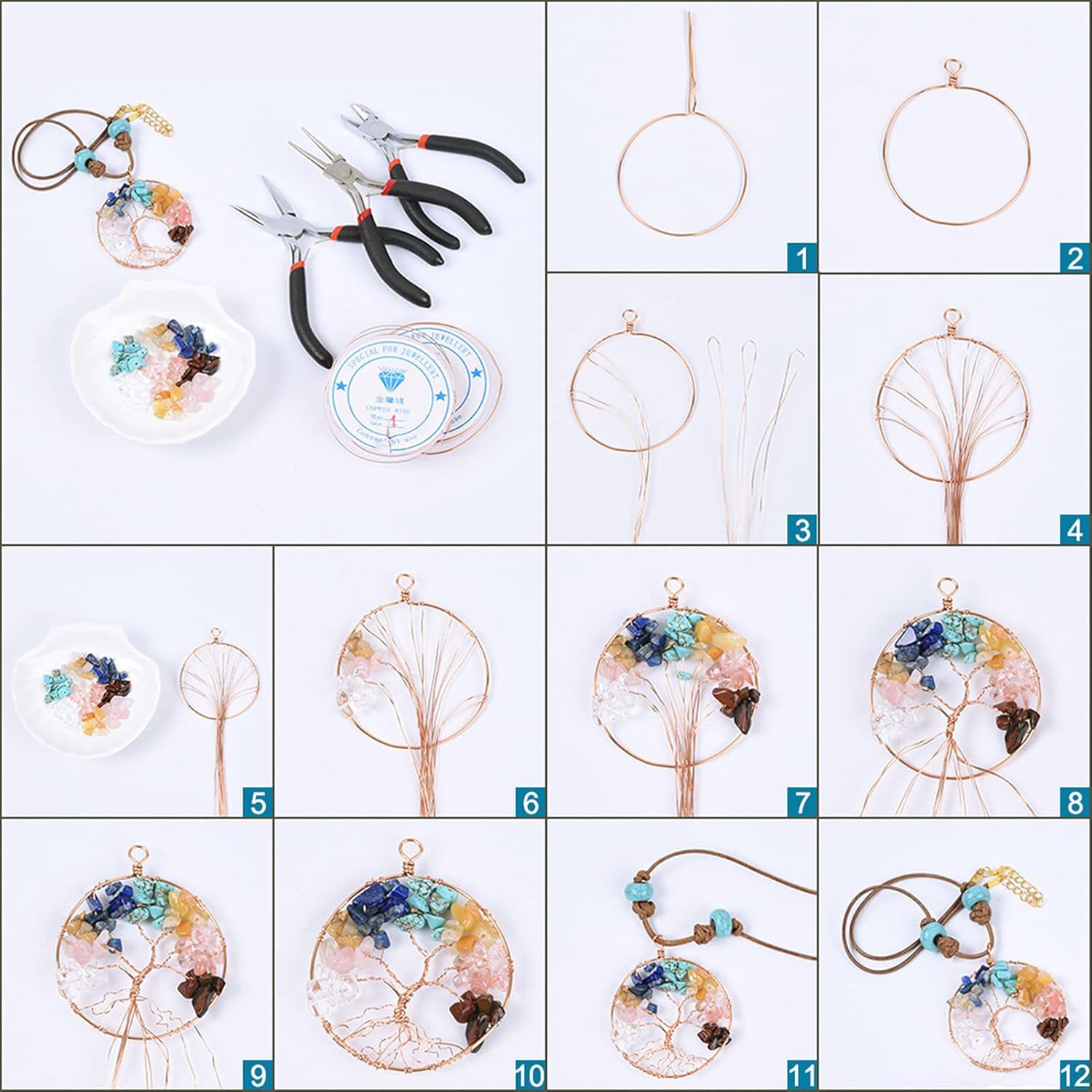 Pandahall 900pcs Natural and Synthetic Gemstone Beads Kit with Copper Wire and Elastic Crystal Thread Head Pins and Eye Pins Ear Wires for Jewelry Making