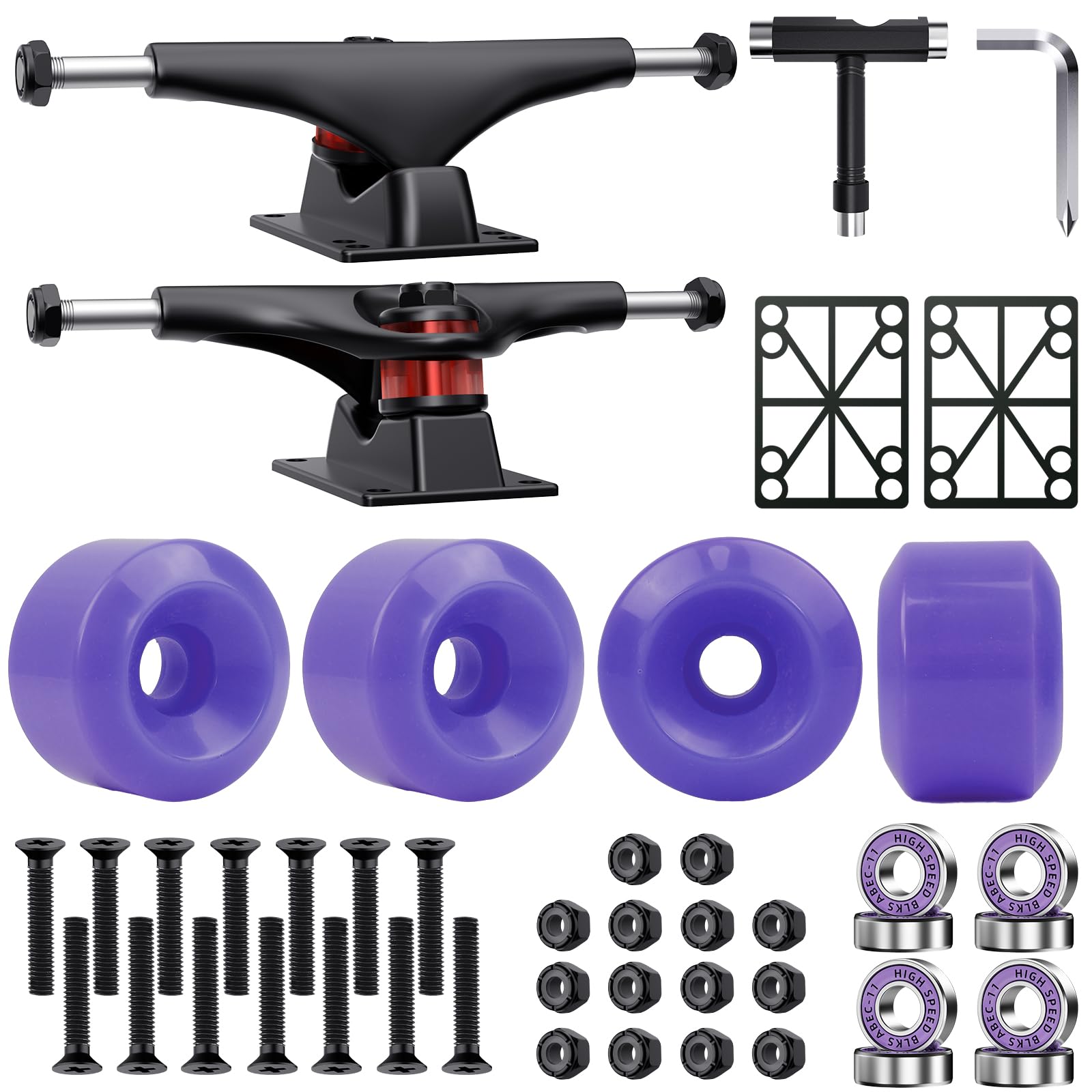 Jizmo Skateboard Trucks and Wheels Set, High Rebound Cruiser Skateboard Wheels 60mm, Skateboard Bearings ABEC-11, Skateboard Tool, Skateboard Pads, Skateboard Hardware Combo Starter Set