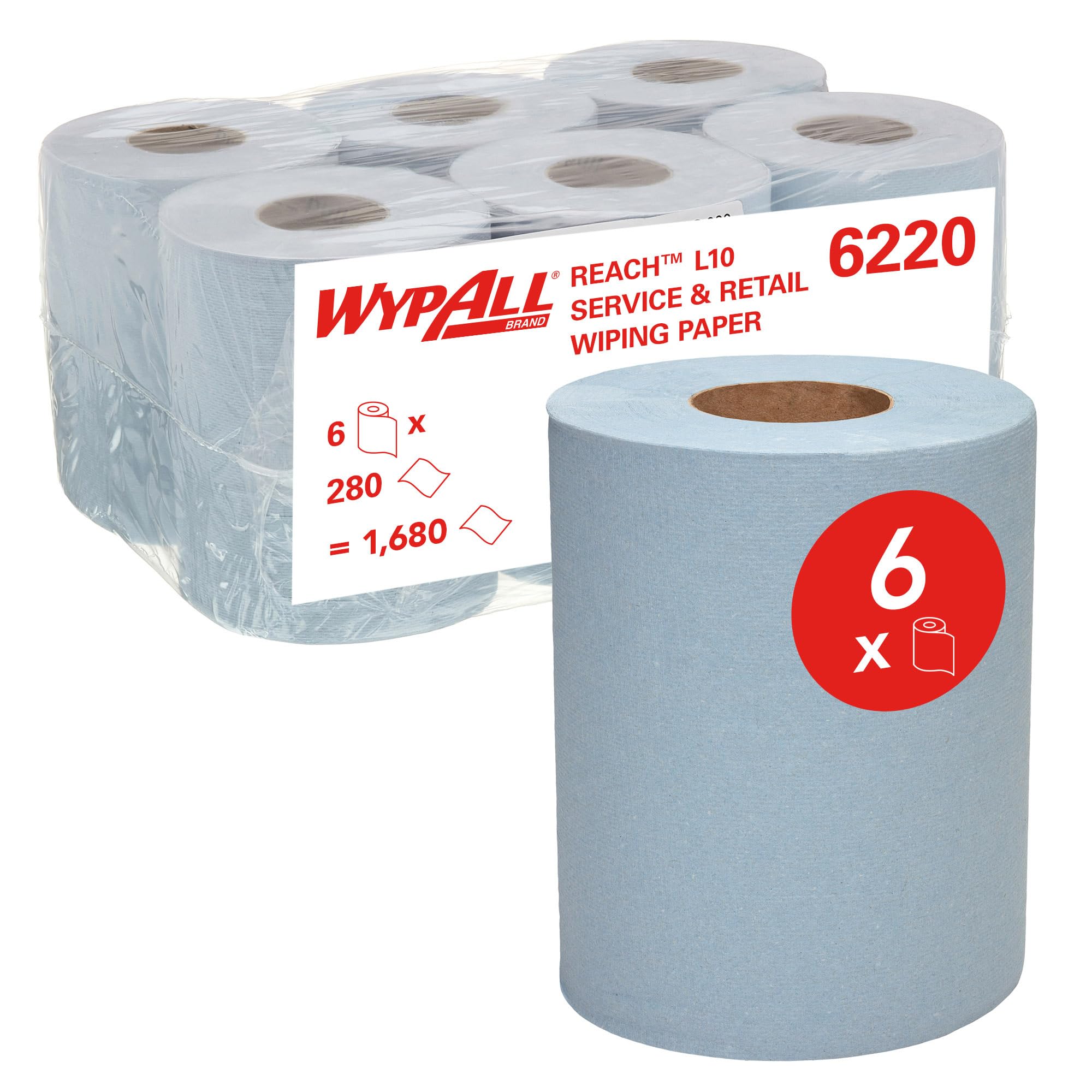 L10 Service & Retail Wiping Paper 6220-1 Ply Centrefeed Blue Roll - 6 Centrefeed Rolls x 280 Paper Wipes (1,680 Total)
