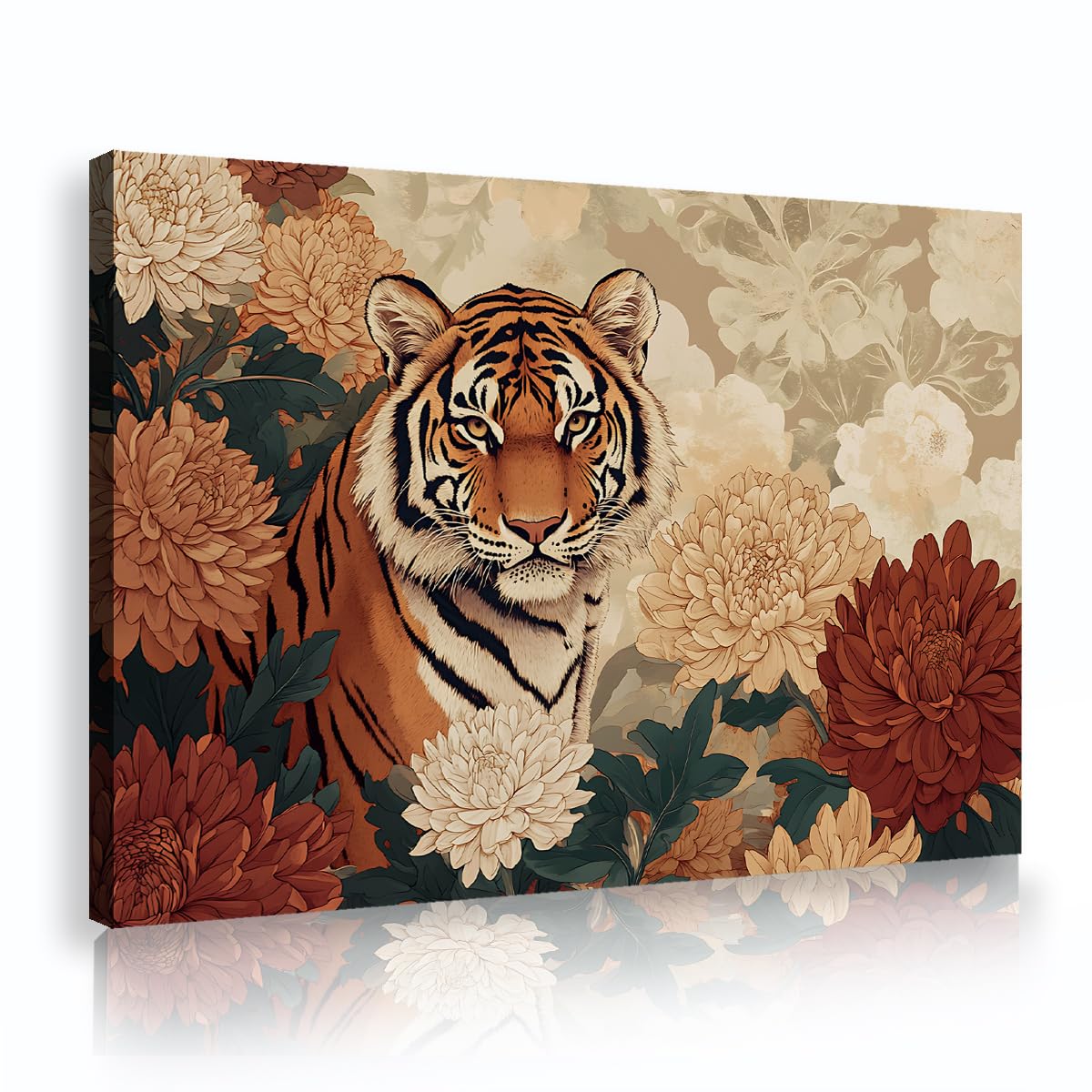 Tableau tigre et chrysanthèmes toile déco 40x56 cm - 8