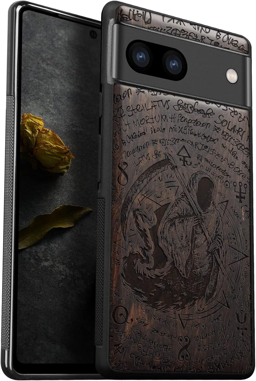 Carveit Wood Case for Pixel 7a Case [Natural Wood & Black Soft TPU] Shockproof Protective Unique & Classy Wooden Phone Cover Compatible with Google Pixel 7a (Grim Reaper-Blackwood)