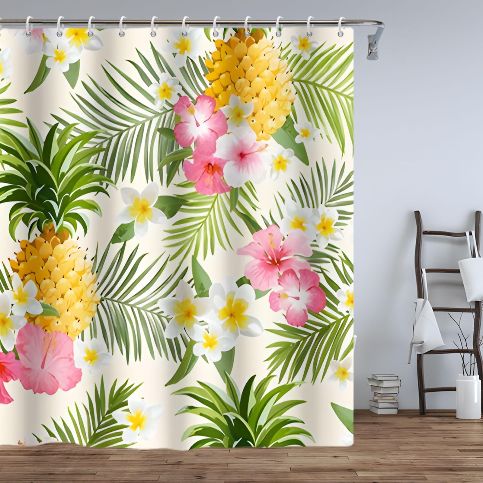 NECSOLE Tropical Shower Curtain Green Palm Leaves Hibiscus Red Flowers Pineapple Shower Curtains for Bathroom Watercolor Art Botanical Plant Shower