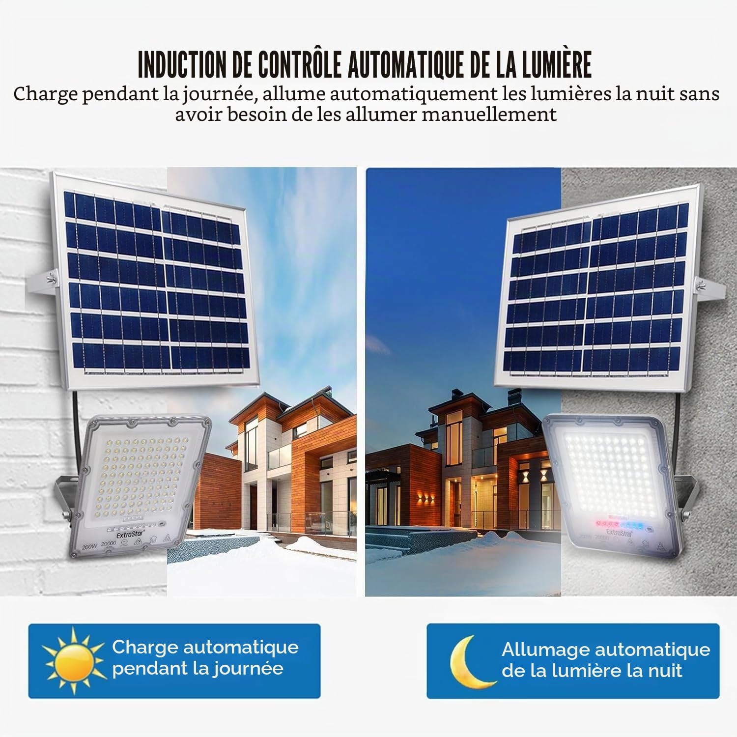 EXTRASTAR Projecteur LED solaire 200 W avec télécommande, lumière blanche froide 6 500 K, 20 000 lm, étanche IP67, adapté pour l'extérieur, jardin, cour