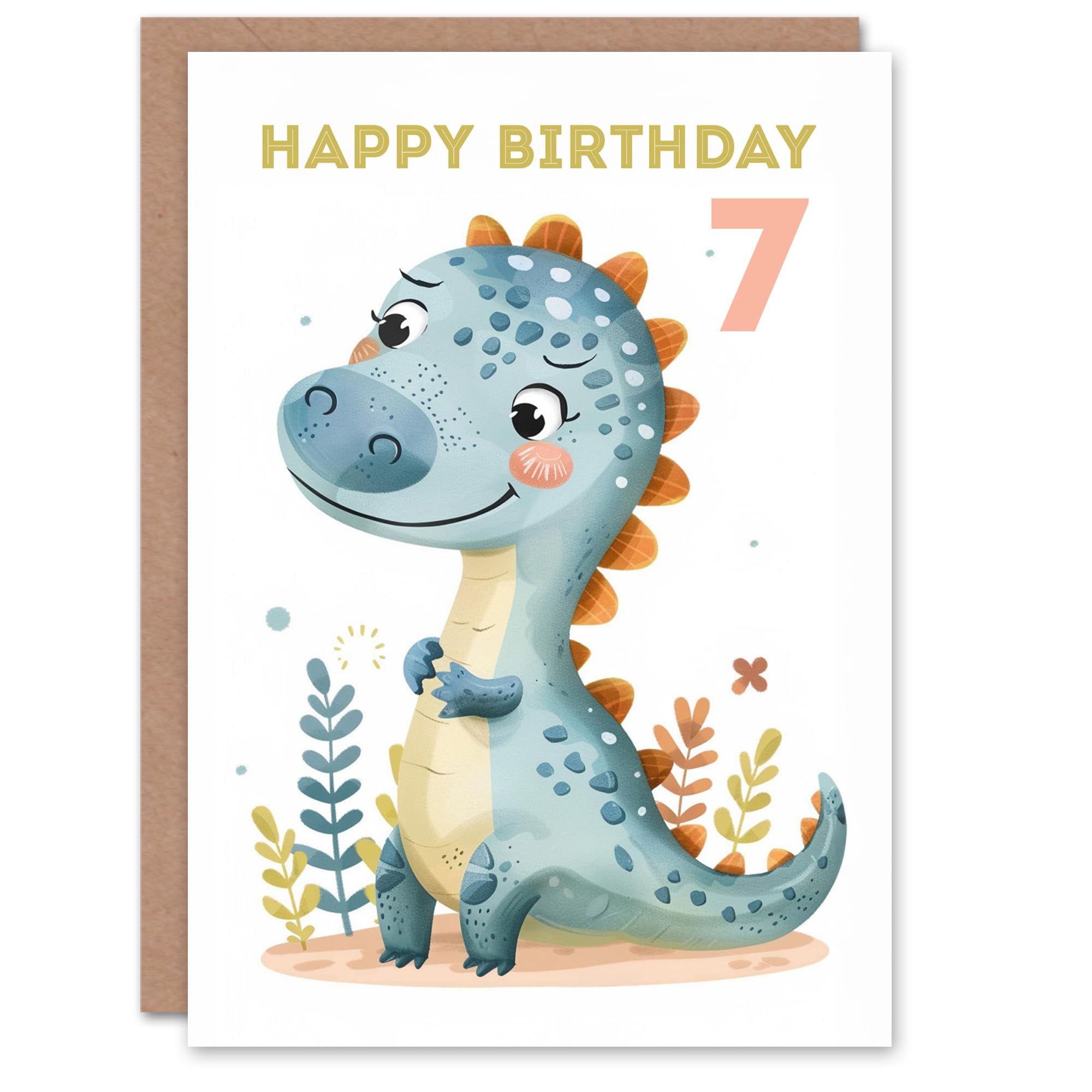 Artery8 7th Birthday Card Cute Blue Dinosaur Cartoon Drawing Fun Kids Age 7 Year Old Child For Son Daughter Girl Boy Happy Card