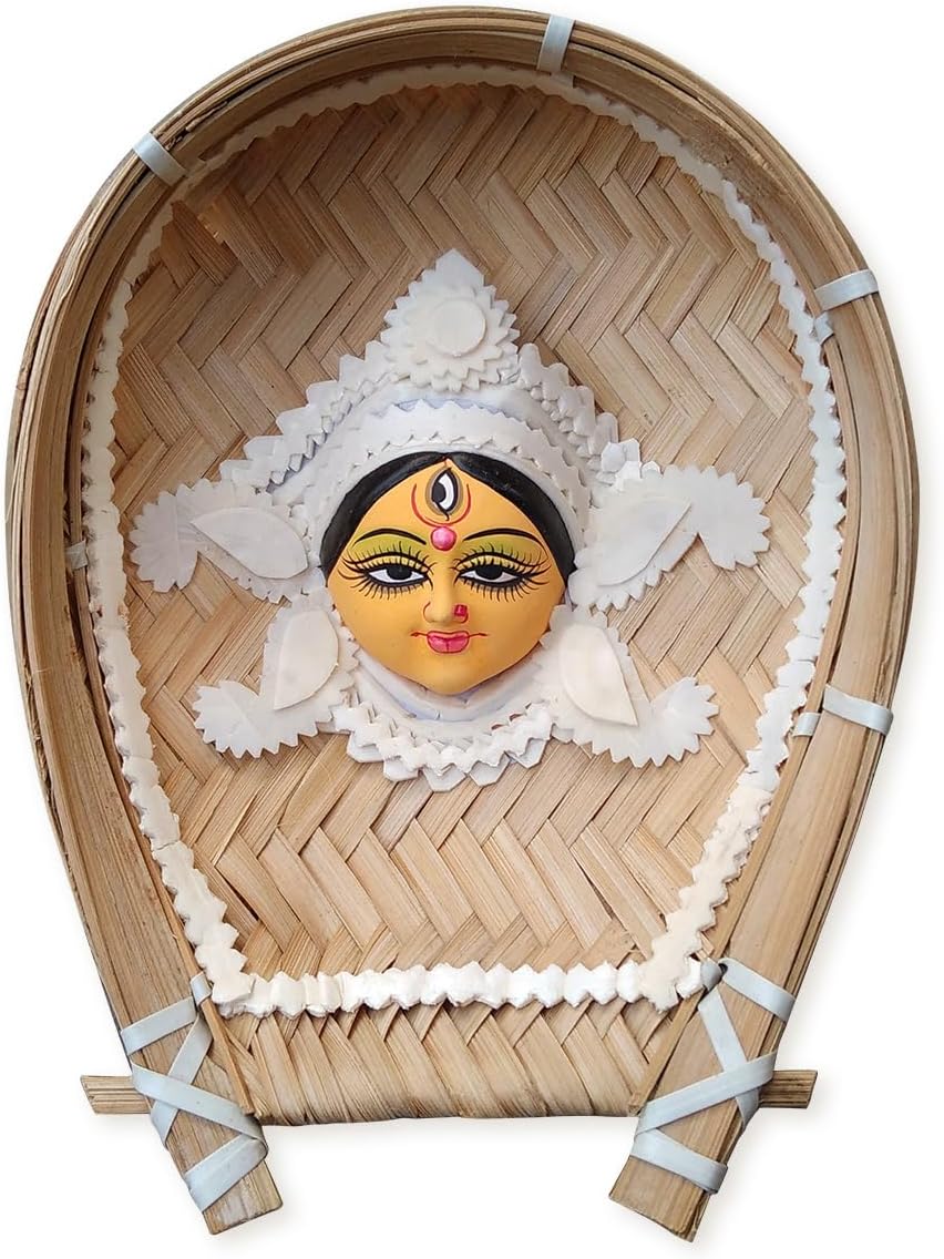 Durga Face Wall Decor, Shola Pith Maa Durga face in kulo, Bamboo Tray | Durga Murti Decorative Wall Hanging, Bengali Maa Durga face in kulo
