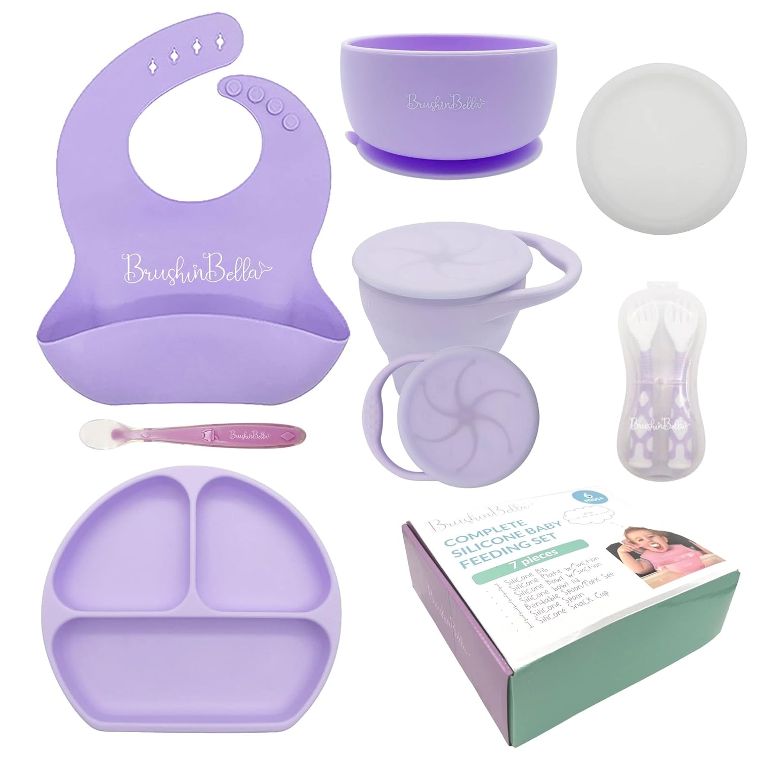 Baby Feeding Supplies - Complete Baby Feeding Set with Baby Plate, Baby Spoons First Stage, Silicone Bib and Snack Cup - Infant Eating Utensils and Baby Bowl with Suction