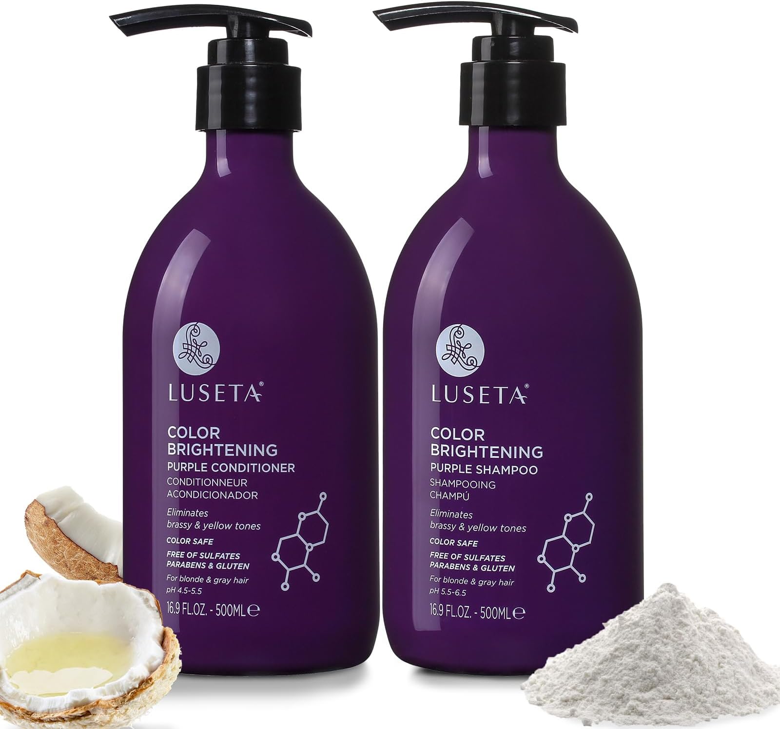 Luseta Purple Shampoo and Conditioner Set for Blonde, Gray - Color Treated Hair - Sulfate Free Paraben Free - Infused with Cocos Nucifera Oil for Curly and Damaged Hair - 2x16.9oz