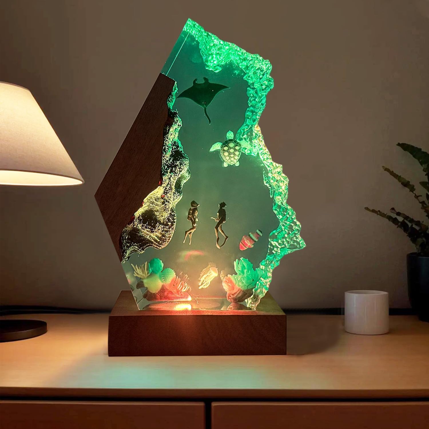 Handmade 3D Ocean Resin Lamp - USB Powered Resin Ocean Night Light with Wooden Base, Variable Lights, Scuba Diver Gifts, Diving Enthusiast Collectibles, Unique Birthday Holiday Gifts for Men & Women - Image 5
