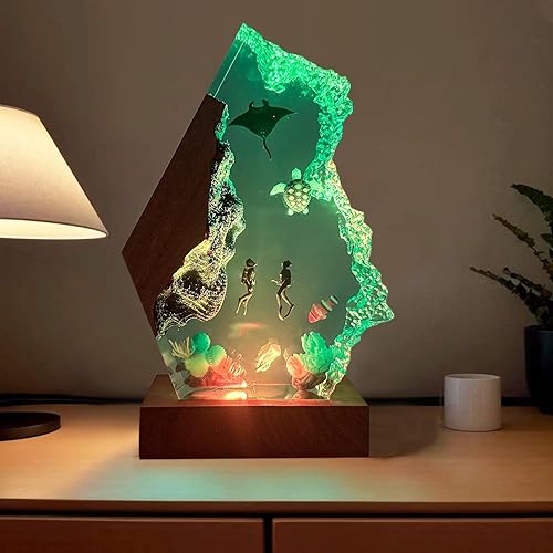 Miniatura 5 de Lámpara de resina oceánica 3D hecha a mano, luz nocturna de resina alimentada por USB con base de madera, luces variables, regalos de buceo,
