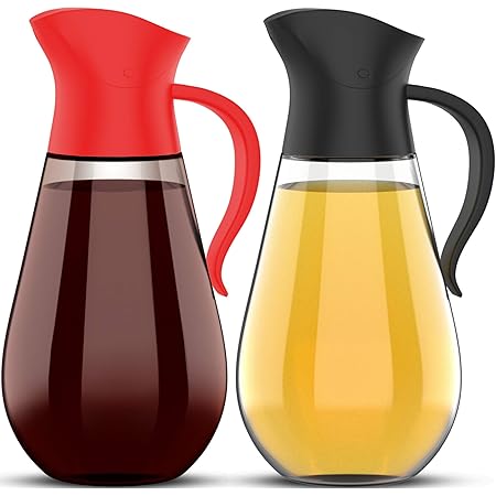 Brieftons 2-Pack Glass Olive Oil Bottles: 18.6 Oz Leakproof Oil Dispenser Bottle Set, Dual Oil & Vinegar Carafe Decanters & Dispensing Cruets with Automatic Cap & Stopper, Drip-Free, Spill-Free Spout