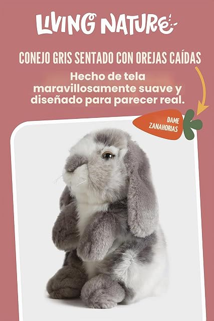 Foto 2 de 6 de Living Nature, Bunny, Gris Conejo Sentado De Orejas Caídas, Conejito De Peluche Suave Y Realista