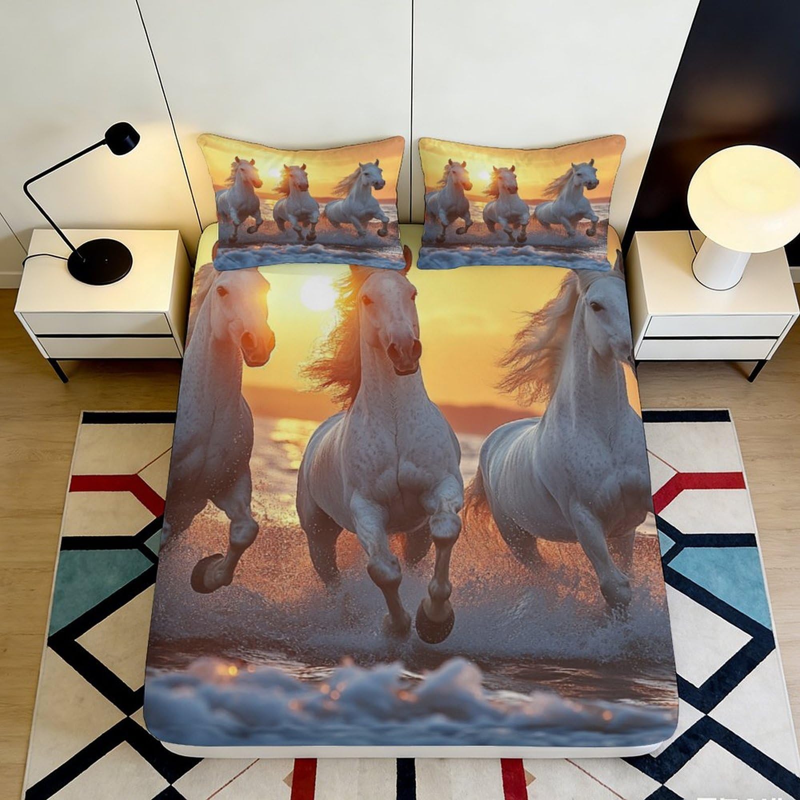 3D Printed Running White Horse Fitted Sheet Microfiber Soft Sunset Beach Bed Cover for Bedroom Decor 160x200x25cm
