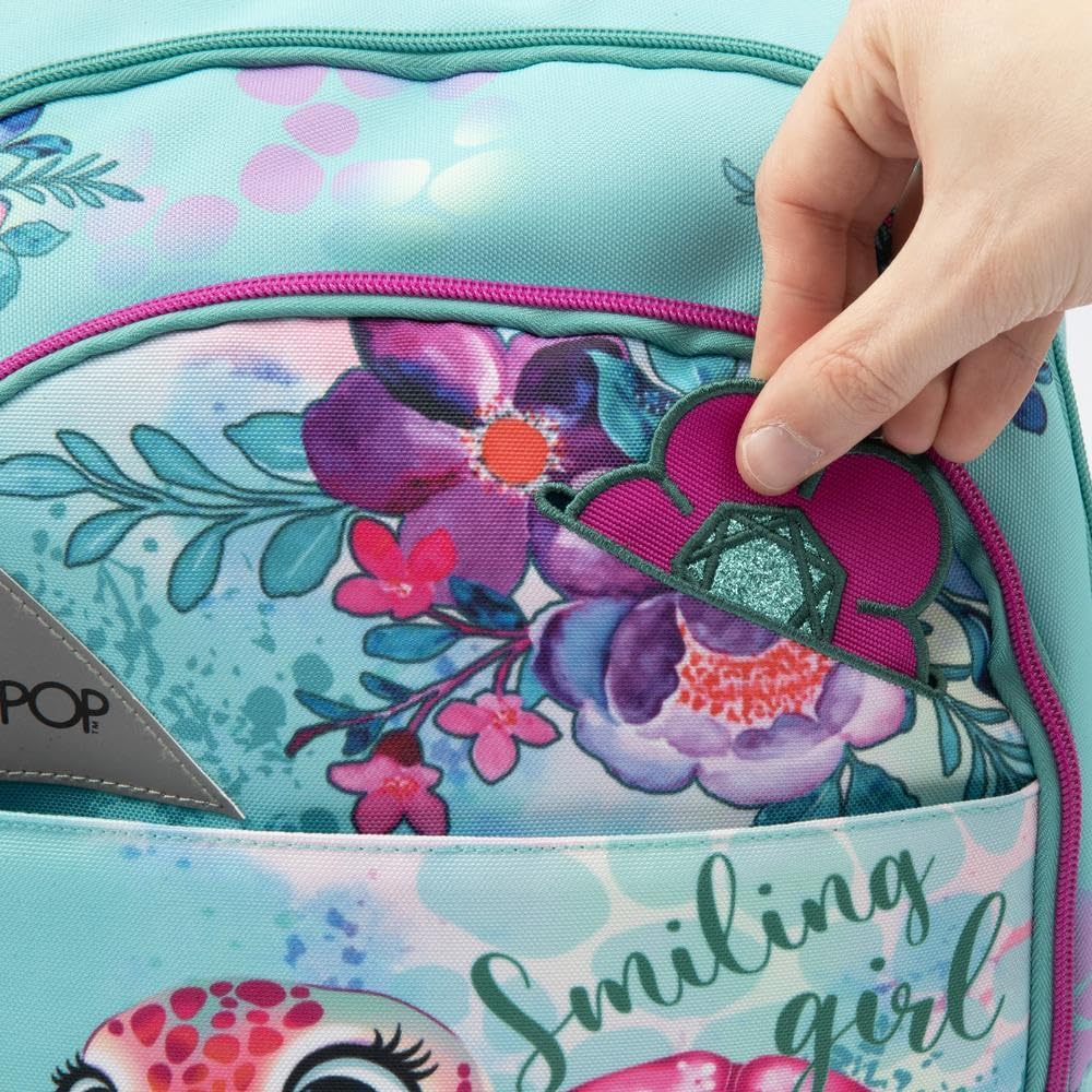 Go Pop - Zaino Modello Turtle Bloom, 3 Scomparti,Tasche Interne E Laterali Porta Borraccia, Schienale E Spallacci Imbottiti, Con Fascia Personalizzata E Pop Up, Lt 24, Dim 32x44x19,Scuola Elementare