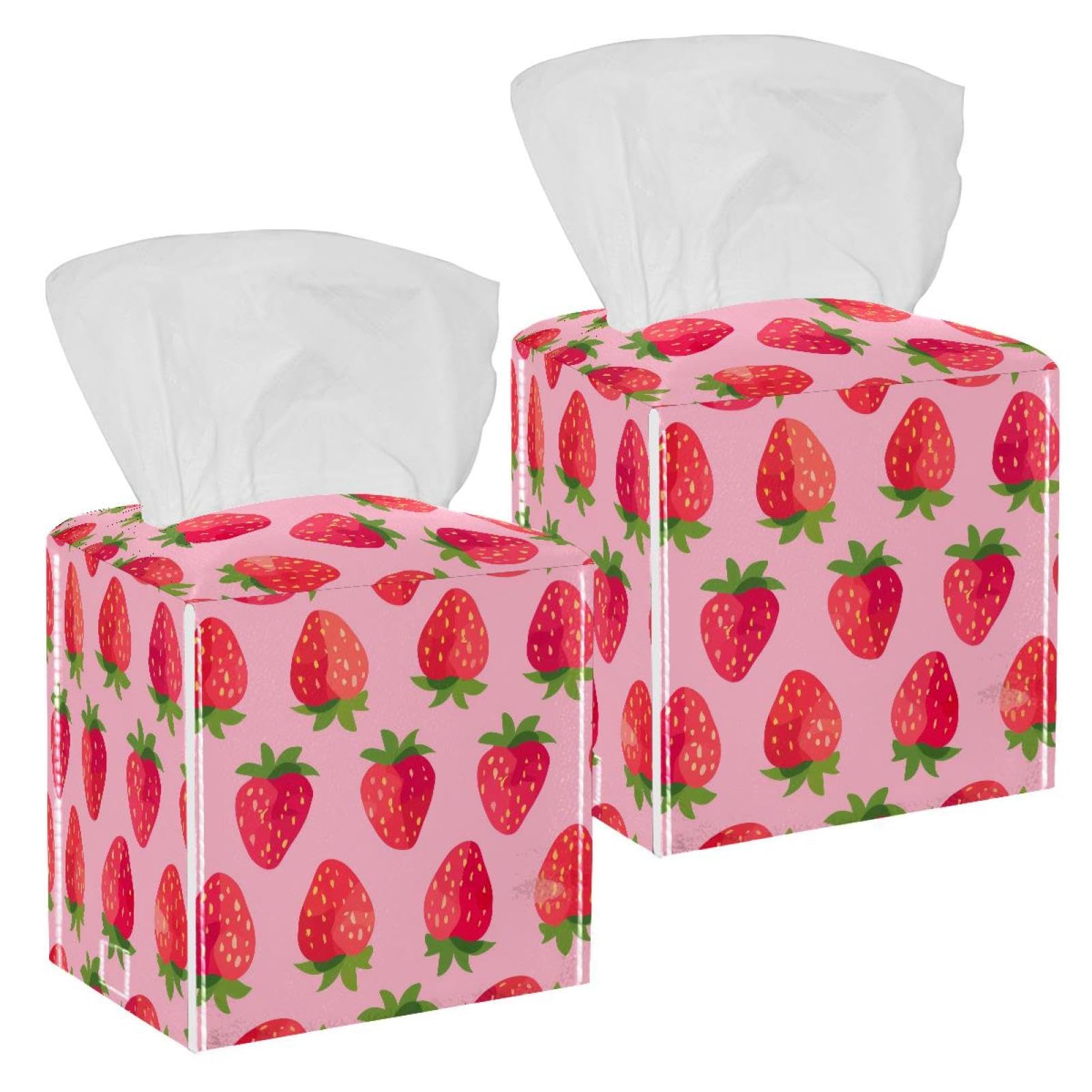 Strawberrys Tissue Box Cover, 2 Pack PU Leather Square Facial Tissue Dispenser Box holder for Home Office Car