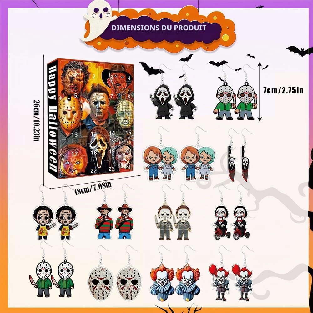 Calendrier de l'Avent Halloween 2025 avec 12 Boucles d’Oreilles Effrayantes Compte à Rebours Horreur pour Femme et Ado Idée Cadeau Halloween et Décoration de Fête