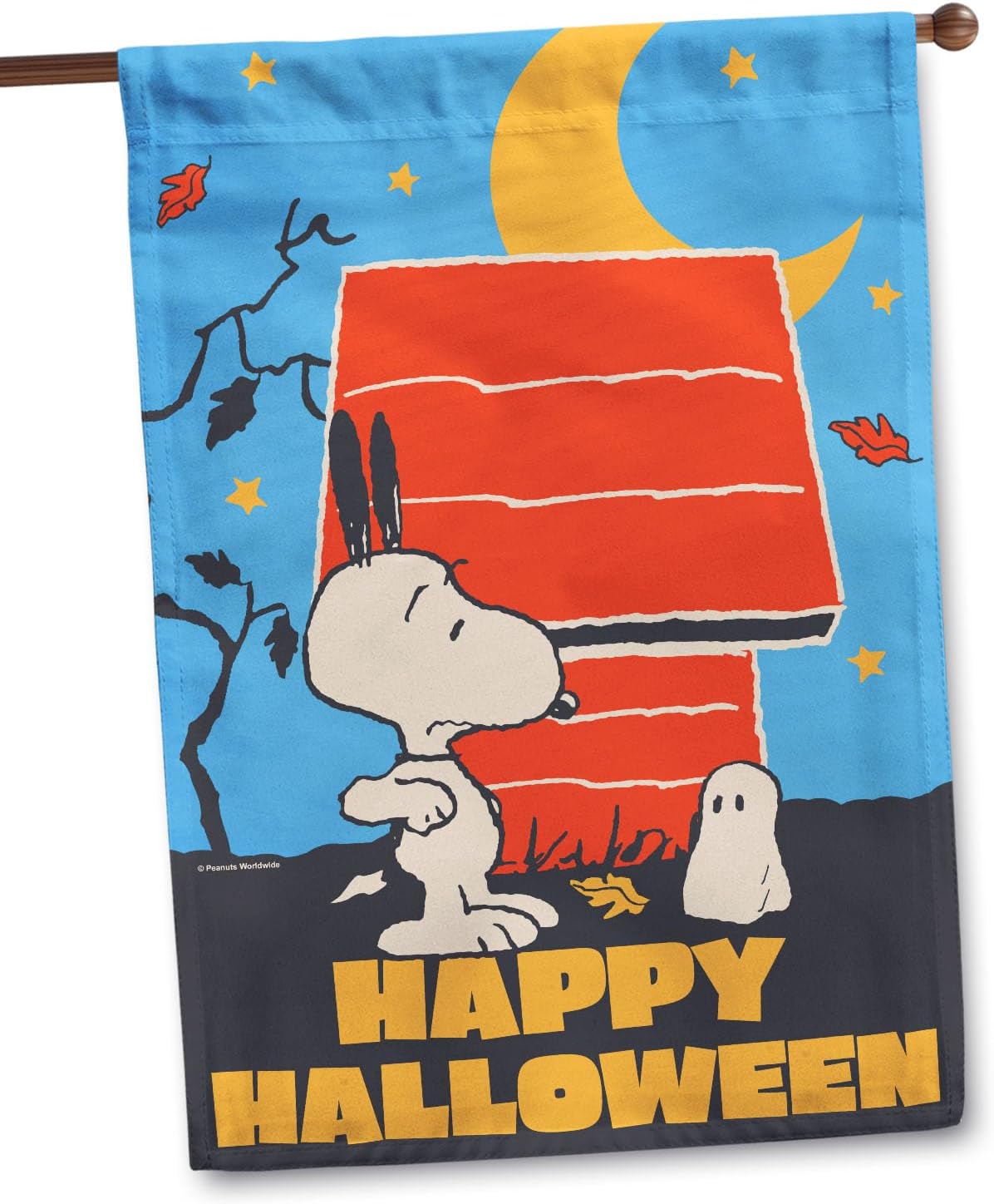 Flagology, PEANUTS® Snoopy Ghost Happy Halloween House Flag 28" x 40", Outdoor Flag, Exclusive Premium Fabric, Officially Licensed PEANUTS®, Halloween