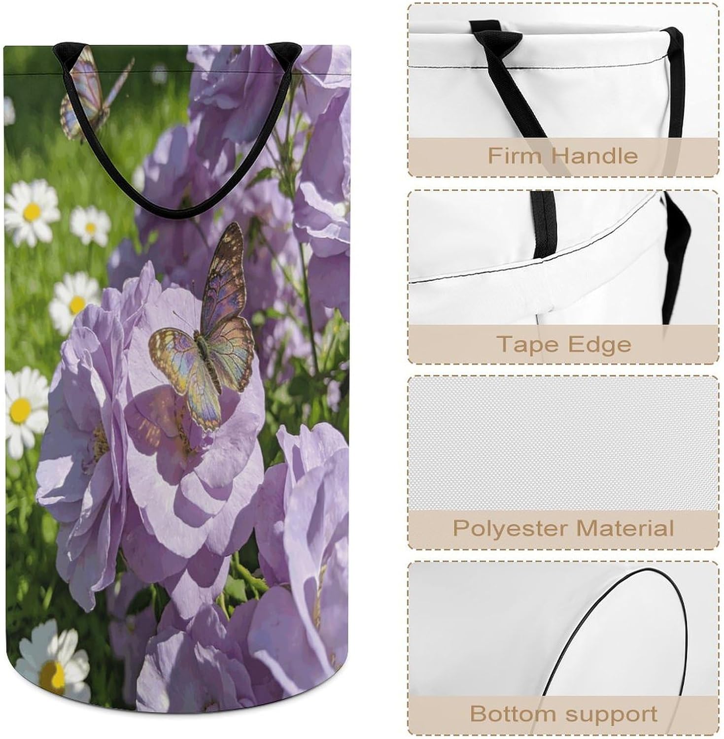 Light Purple Flowers Laundry Hamper Portable Lightweight Clothes Hampers Fashion Dirty Laundry Storage Basket Large Capacity Foldable Clothes Baskets for Bathroom Bedroom