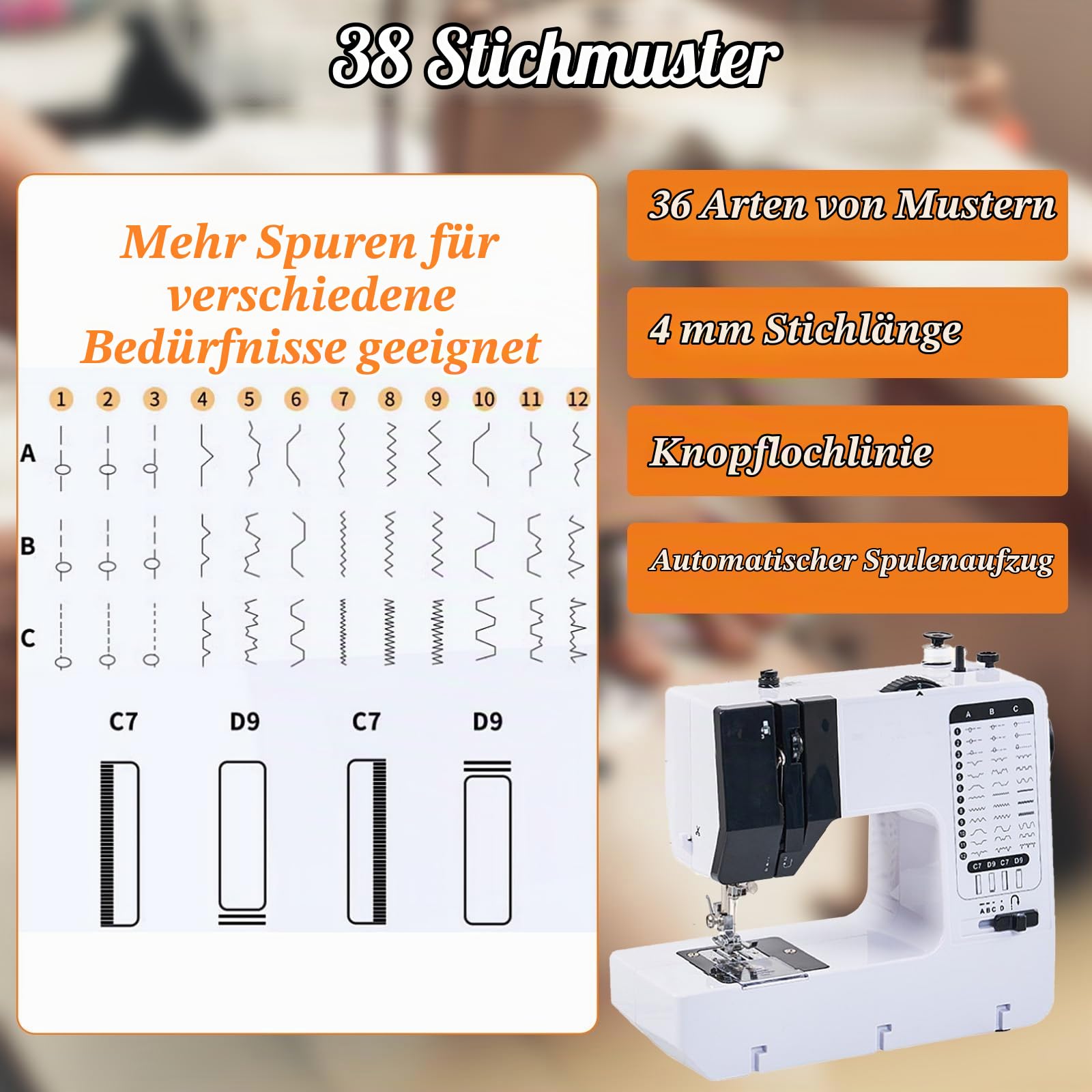 Nähmaschine mit Anschiebetisch, 38 Stichprogrammen Tragbare Elektrische Nähmaschine mit LED Licht & Fußpedal, Nähzubehör Set Mini Nähmaschine für KleidungKissenbezüge Bettlaken