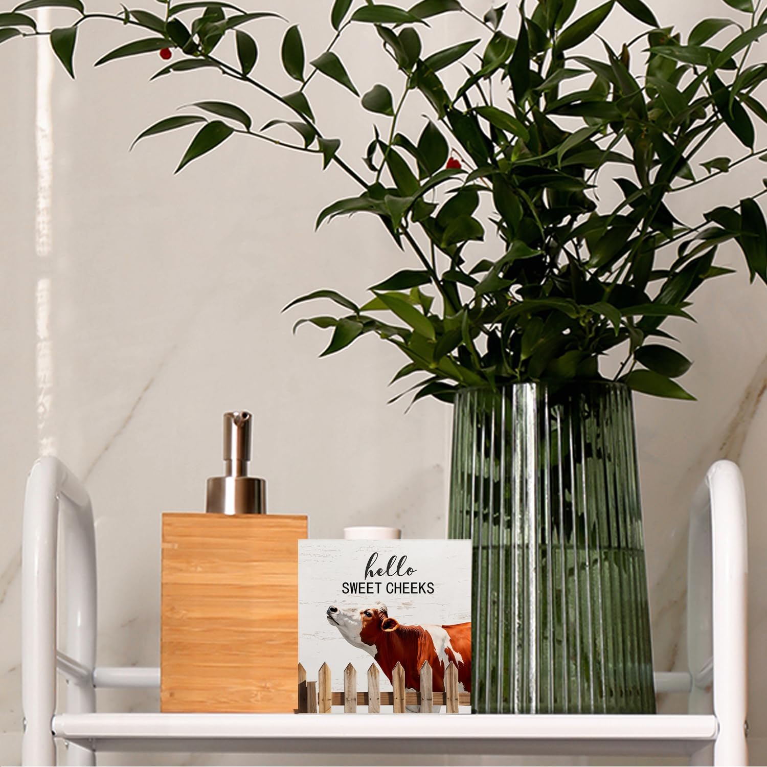 Funny Cow Bathroom Decor - Hello Sweet Cheeks Cow Bathroom Decor, Funny Farmhouse Wooden Sign, 5 X 5 Inches - Image 6