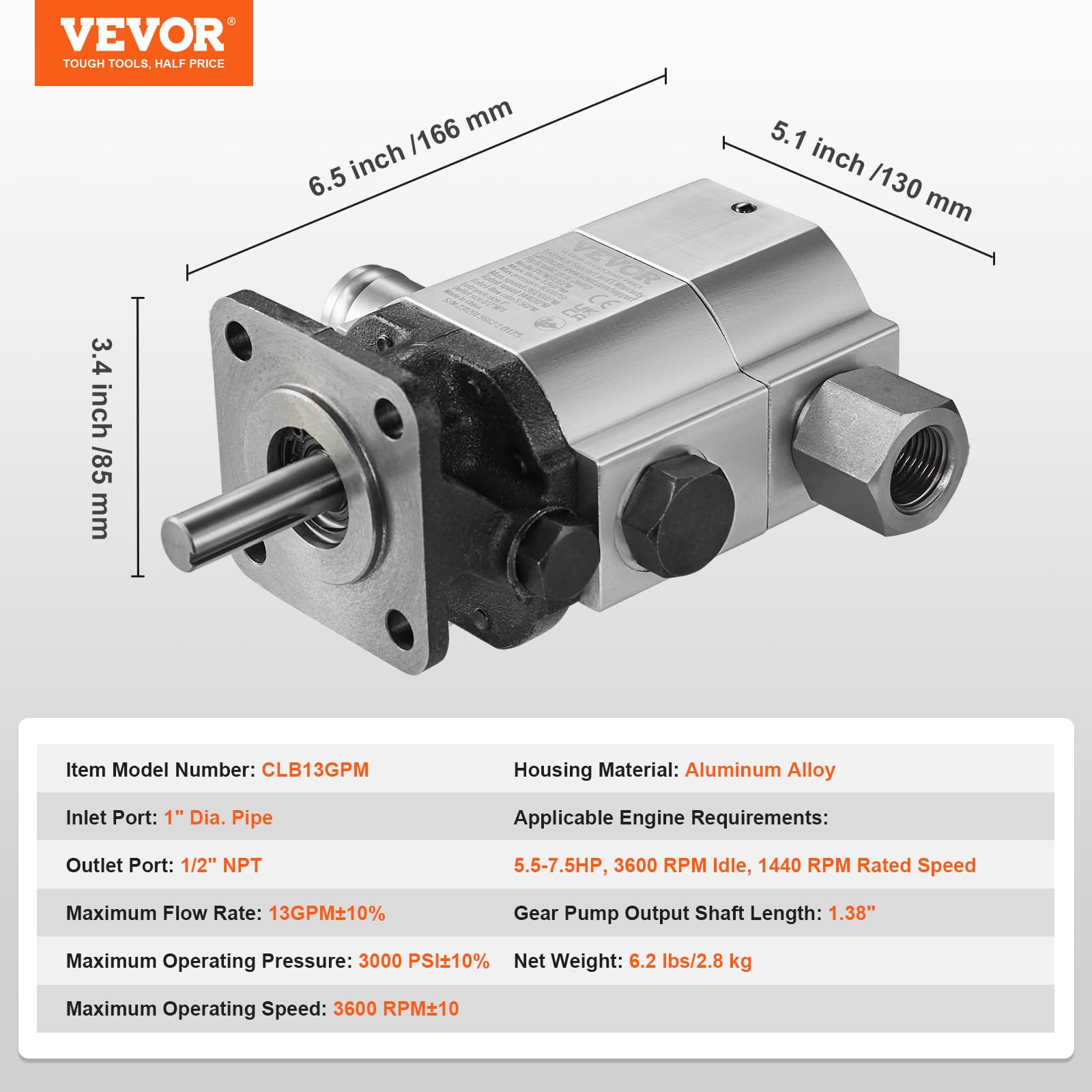 VEVOR Pompa idraulica spaccalegna in legno, 13 GPM, 2 stadi 3000 PSI, 1 '' ingresso 1/2 '' NPT uscita 3600 giri/min pompa idraulica in alluminio, per piccoli motori di montaggio Log Splitters
