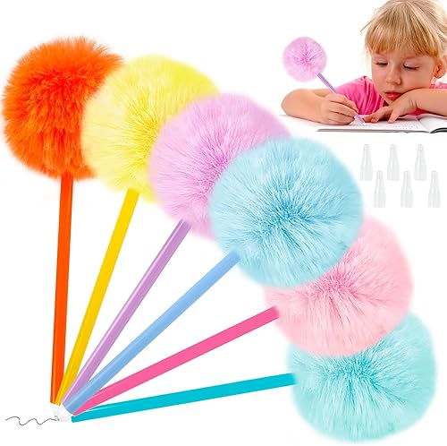 PRAVICS Paquete de 6 bolígrafos esponjosos con pompones para niñas, lindos bolígrafos mullidos para la oficina escolar, naranja, rosa, amarillo,