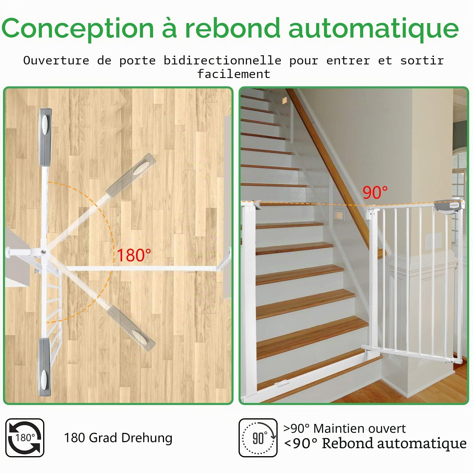 LZQ - Grille de protection pour escalier et porte - Double verrouillage - Barrière de sécurité, en métal, extra-sécurisée, à clipser - Blanche - 85 à 95 cm - Arrêt à 90° - Fermeture automatique