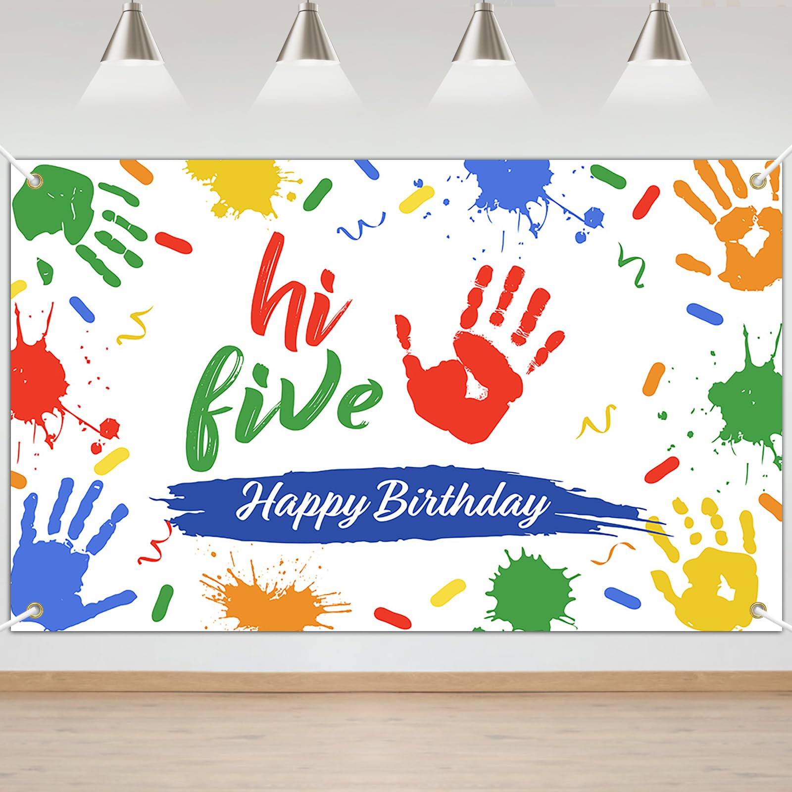 Mocsicka High Five Birthday Backdrop Banner Boys 5th Birthday Background Hand Print Hi Five Party Decorations Photo Booth Props (6x3.6ft)
