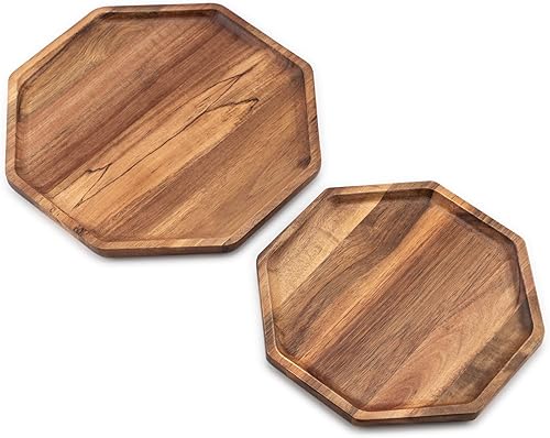 Juego de 2 bandejas de madera de acacia (10 y 12 pulgadas), platos octágonos de madera para decoración del hogar para frutas, verduras, bandeja de