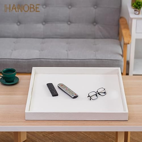 Miniatura 9 de Hanobe Bandeja otomana cuadrada grande bandeja blanca extra grande para otomanos, bandeja decorativa de cuero grande con asas para mesa de café,