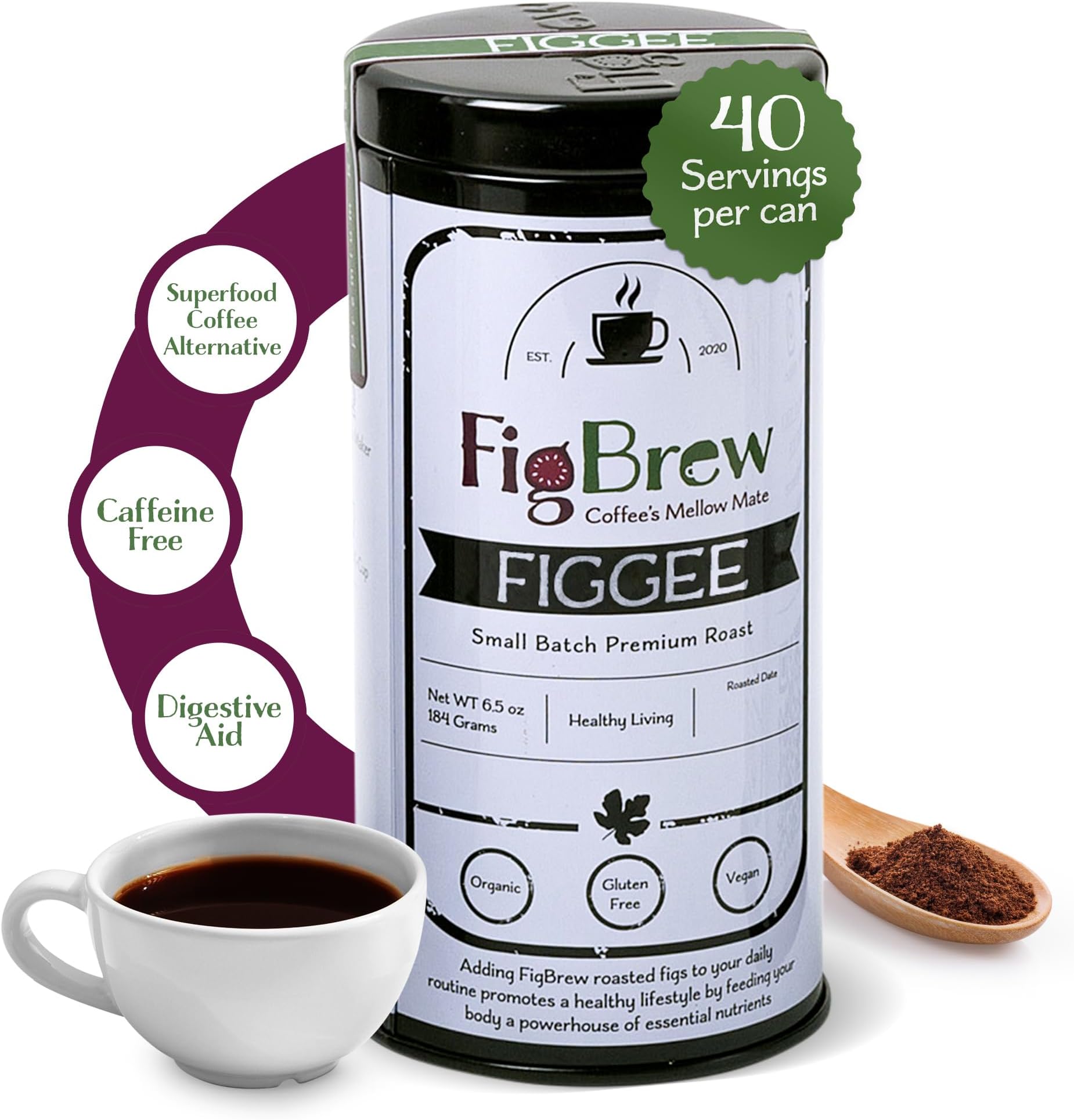 FigBrew Superfood Coffee Alternative – 40-servings – Digestion-Friendly – Caffeine Free – Organic & Gluten Free – 6.5oz Tin