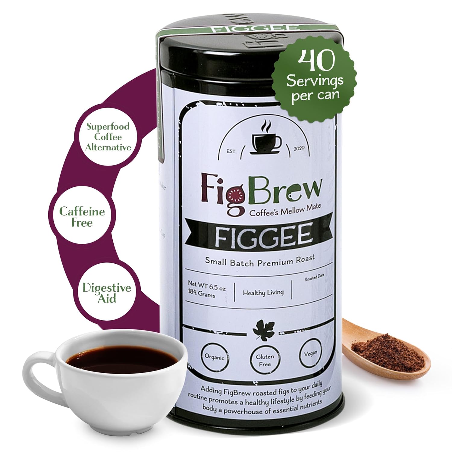 FigBrew Coffee Alternative, Original Digestive Roast, Adaptogen-free, Caffeine-free, Ground, Medium Roast, 3-lb, 273-servings, 100% pure fig, USDA Organic, Made in USA