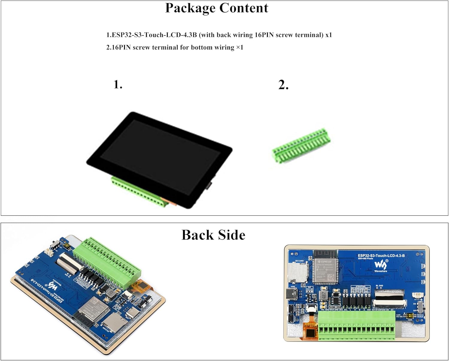 ESP32-S3 4.3inch Capacitive Touch Display Development Board, 5-Point Touch Screen IPS LCD 800×480, 32-Bit LX7 Dual-Core Processor Up to 240MHz, Support Wi-F-i & Bluetoo-th Onboard CAN RS485 I2C Ports