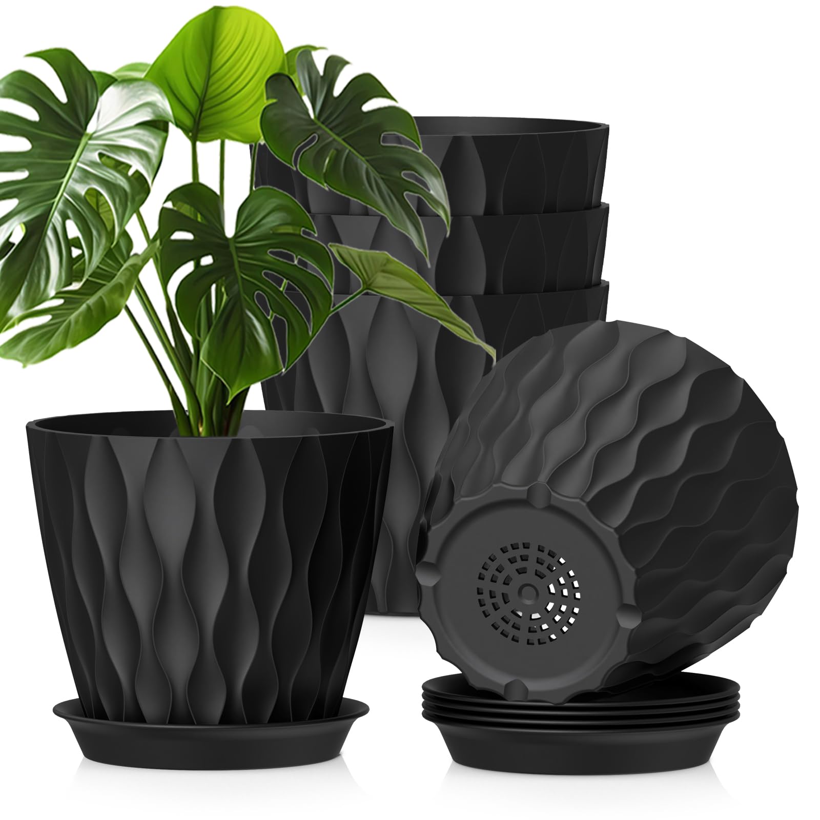WSMKSZ 20 cm Plant Pots Indoor Outdoor Plants, 5 Pack Thick Plastic Flower Pots with Drainage Holes & Saucers, 3D Modern Wave Texture, Medium Decorative Planter Pots for Monstera, Geranium, Black