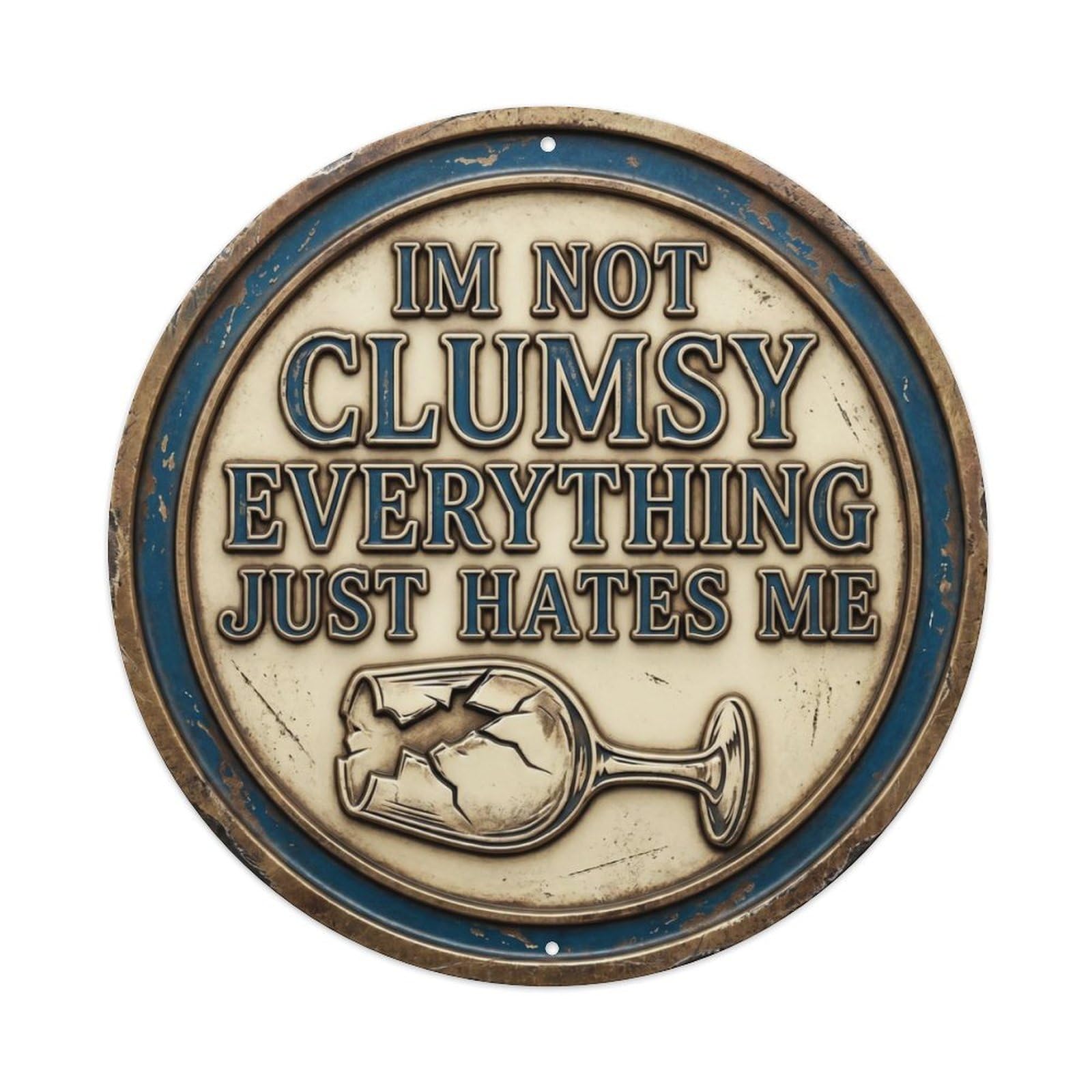 Im Not Clumsy Everything Just Hates Me Vintage Workshop Display Retro Slogans Vintage Metal Tin Sign Plaque Wall Decor for Cafe, Club, Garden Round Metal Poster 8x8Inch
