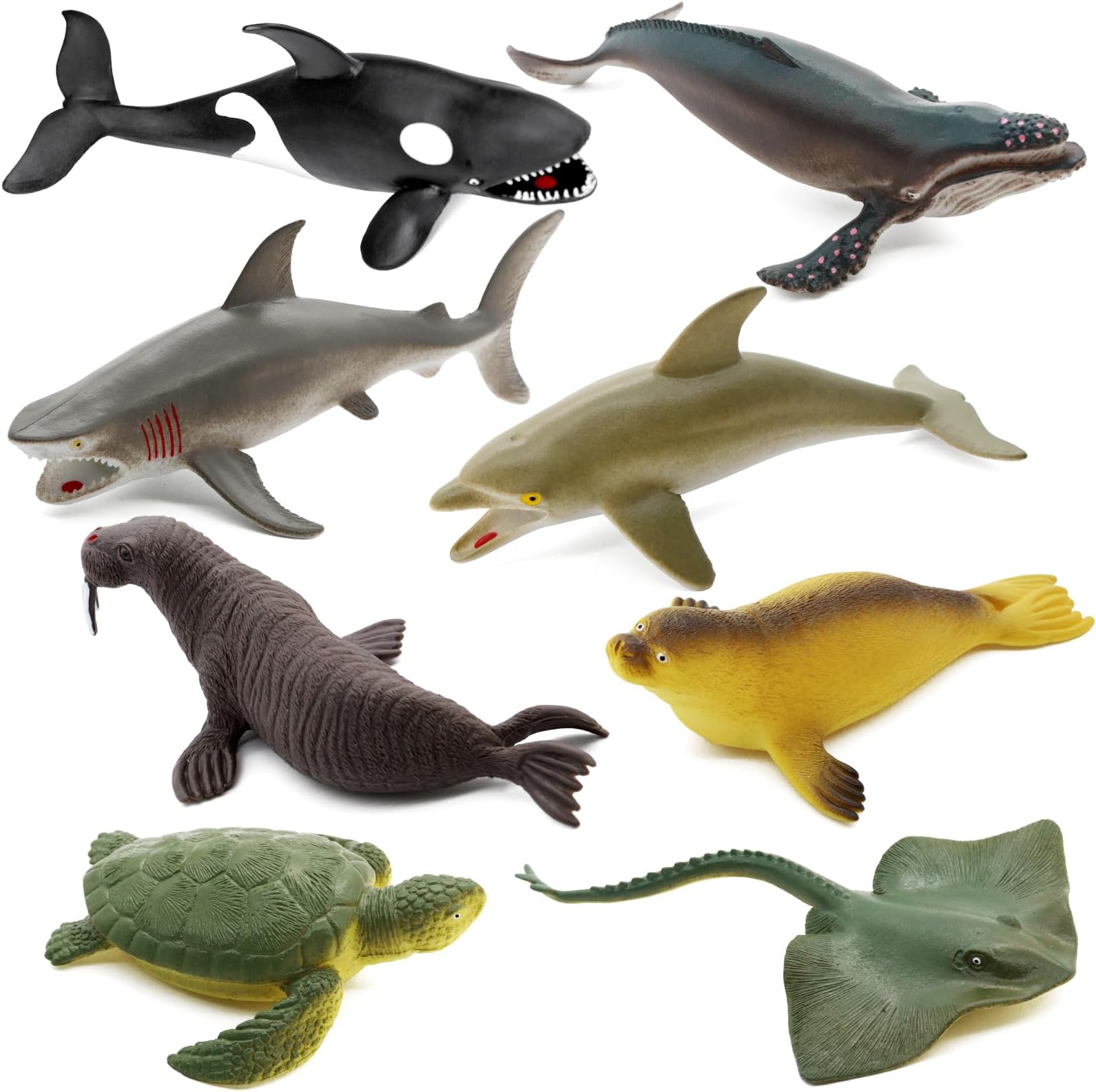 Sea Animal Toy Set,8 pcs Animal Sea Figures Ocean Toy for Kids, Realistic Set for Sea Lovers, Includes Great White Shark, Dolphin, White Shark, Whale
