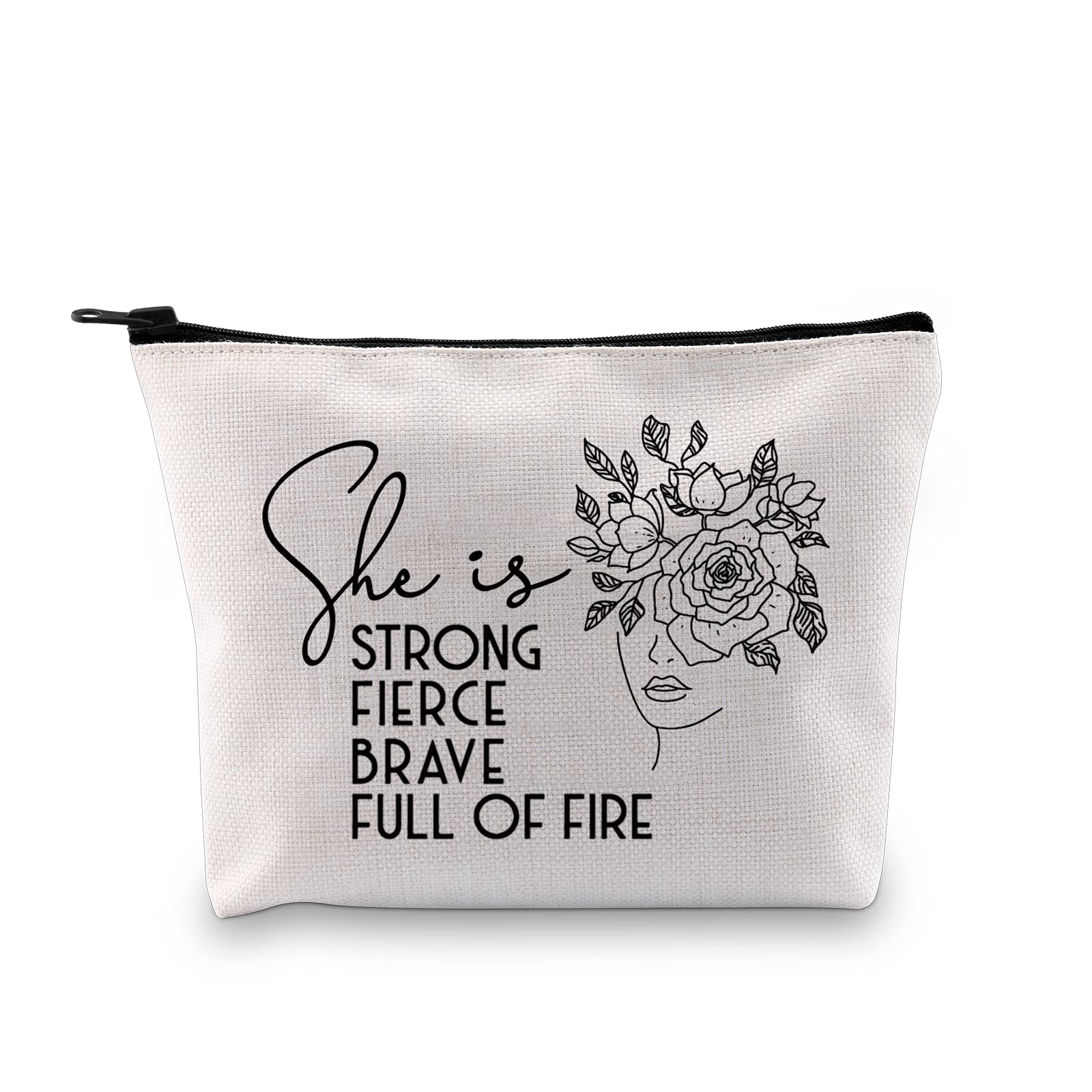 G2TUPGirl Power Gift Women Empowerment Gift Feminist Gift She Is Strong Fierce Brave Full Of Fire Cosmetic Bag and Travel Make Up Pouch With Zipper, Strong Fierce Brave White Bag