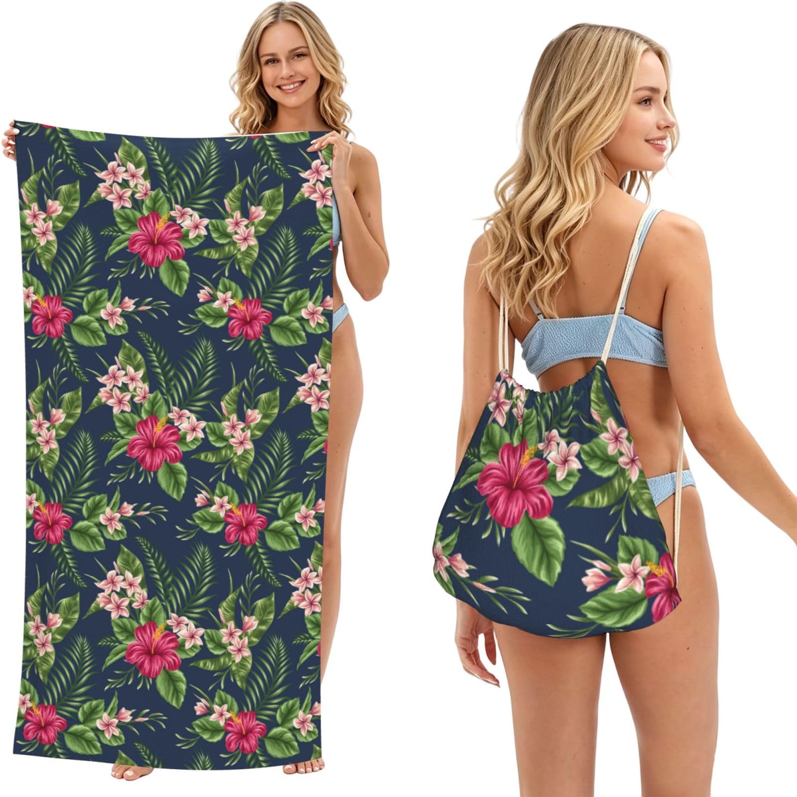 Poadnly As Picture Tropical Flowers Frangipani Hibiscus, 2 In 1 Packable Towel Bag, Beach Towels With Drawstring Backpack For Travel Holiday Camping