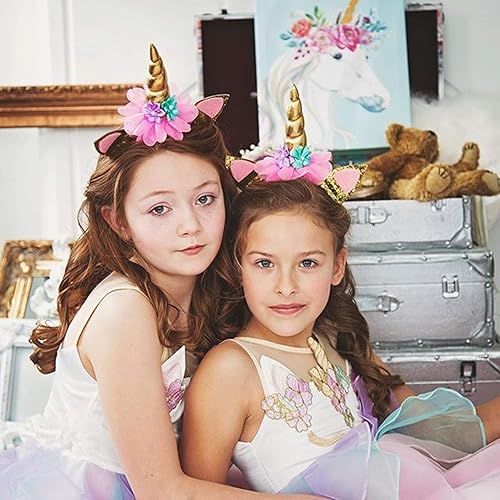 Miniatura 2 de Paquete de 6 diademas de flores con cuernos de unicornio con purpurina para fiesta de cumpleaños