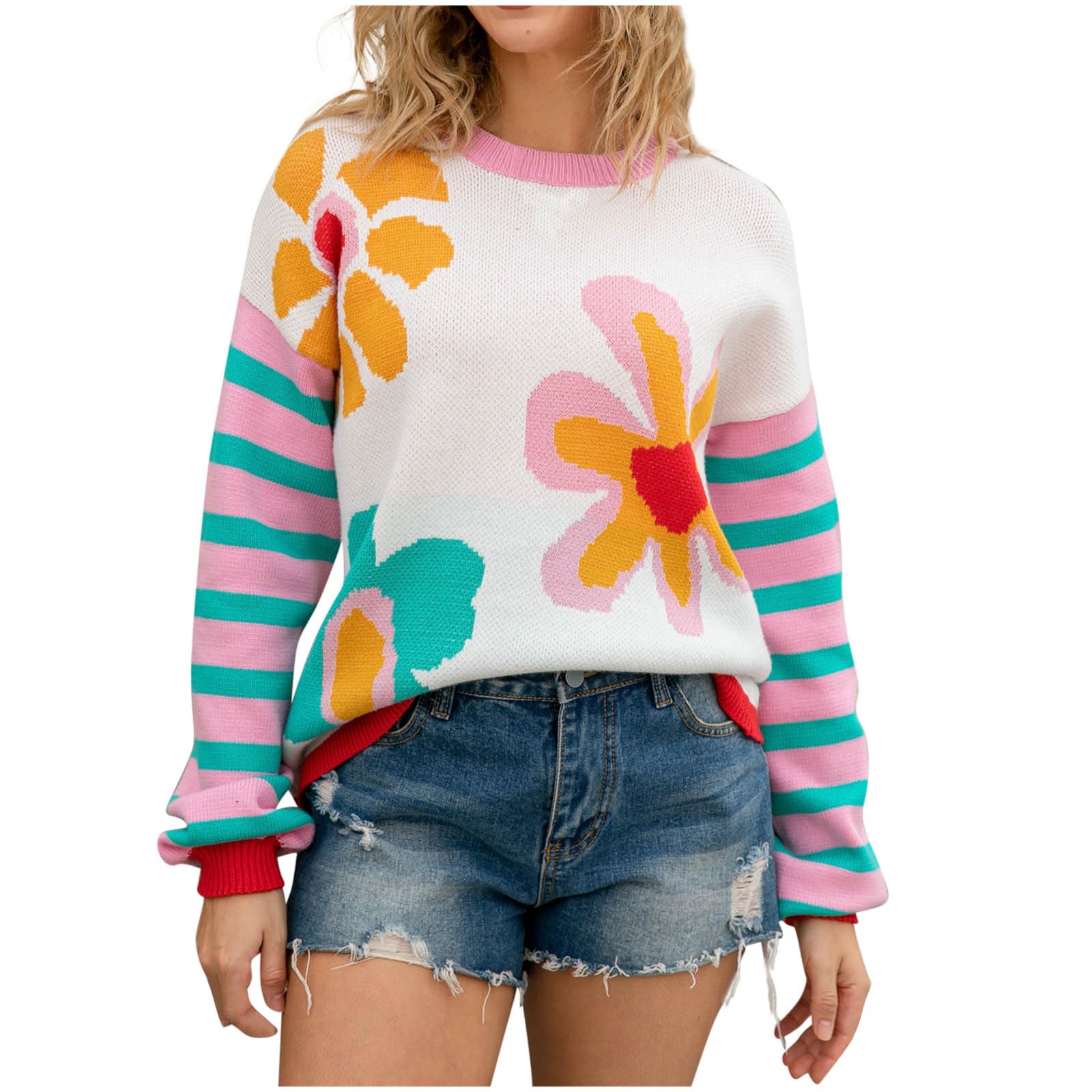 2025 Jersey Mujer Otoño e Invierno Camiseta Manga Larga Mujer de Punto Casual Cuello Redondo Sueter Básica con Estampado de Flores Sueltos Colorido Suéter Casual Cómodo Basic Tops