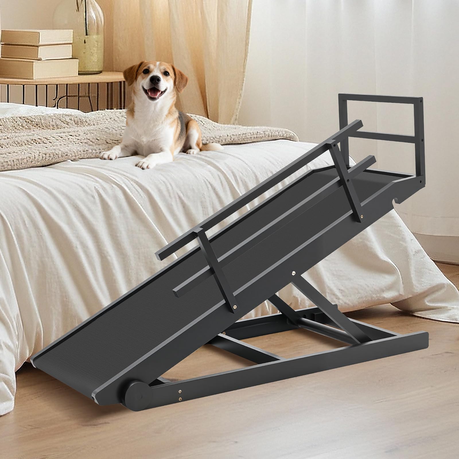 SLSY Dog Ramp for Bed Couch, Upgraded Folding Adjustable Pet Ramp with Non-Slip Rubber Mat, 55" Long, 5 Heights 15.7''–27.5", Portable Wooden Step