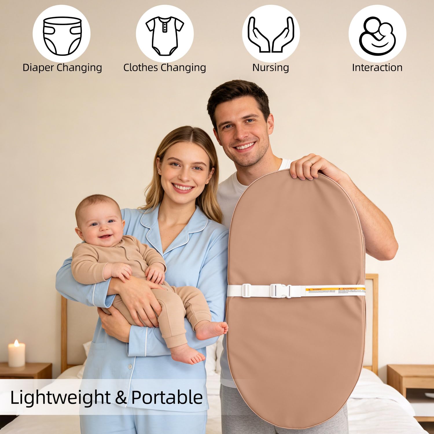 Baby-Wickelunterlage, wasserdicht, veganes Leder, abwischbar, mit Sicherheitsgurt, rutschfeste Wickelunterlage für Kommode und Tisch